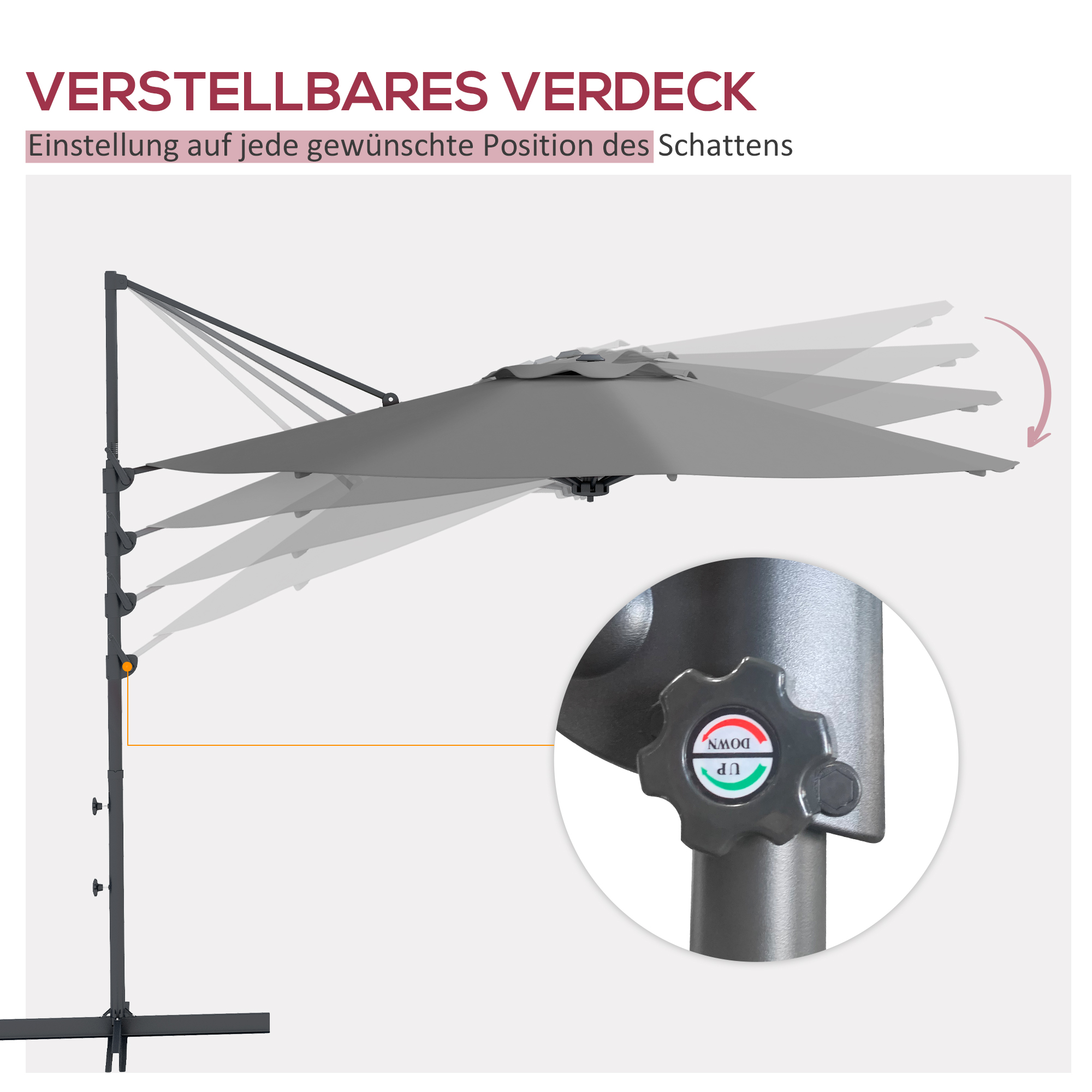 Ø3 m Ampelschirm, neigbar, drehbar, Handkurbel, Windhaube, Metallmast, Dunkelgrau