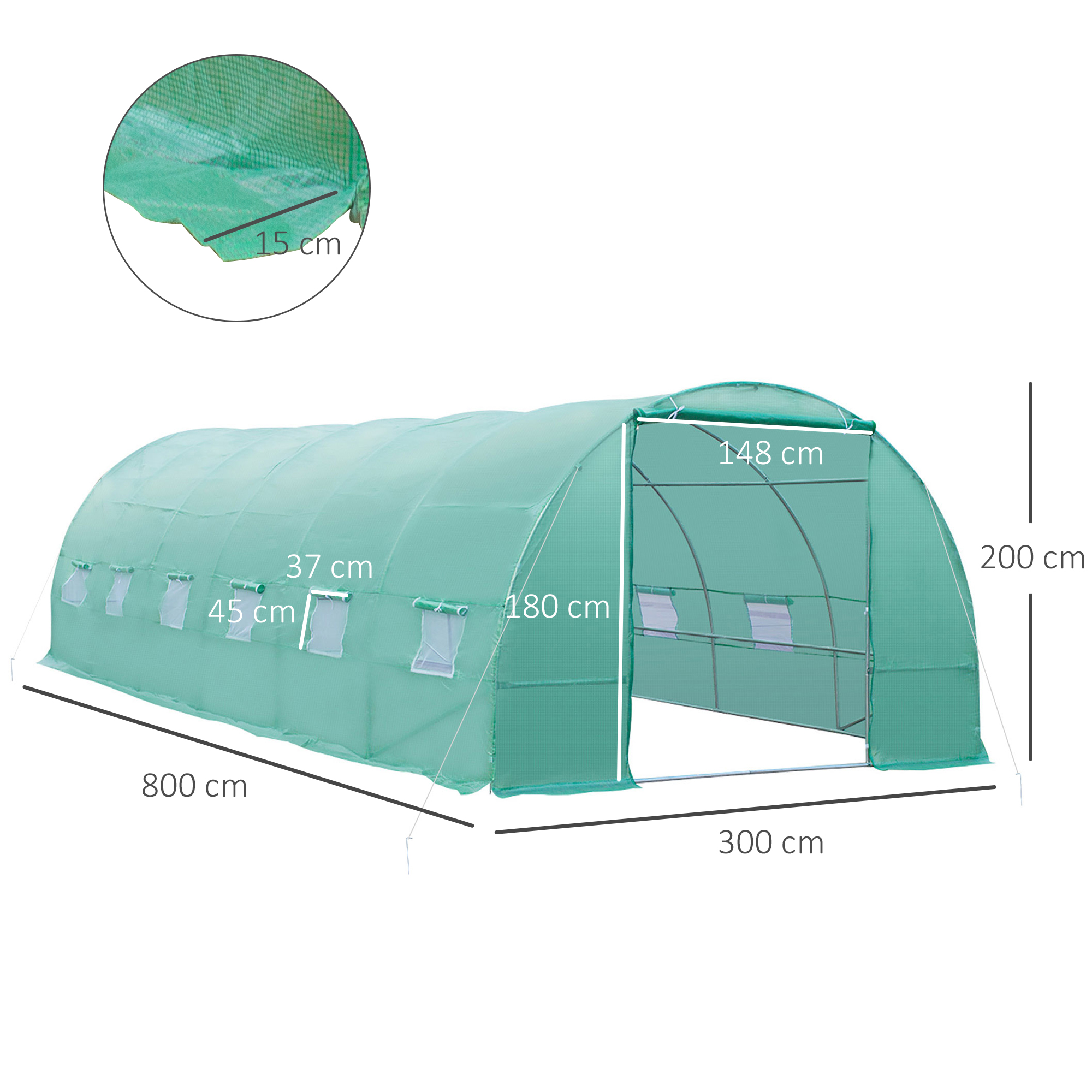 Gewächshaus 800x300x200cm Foliengewächshaus Tomatenhaus mit Tür, 12 Fenster, Folientunnel aus verzinktem Stahl, PE, stabiles Treibhaus Pflanztunnel, inkl, Erdanker & Seilen, Grün