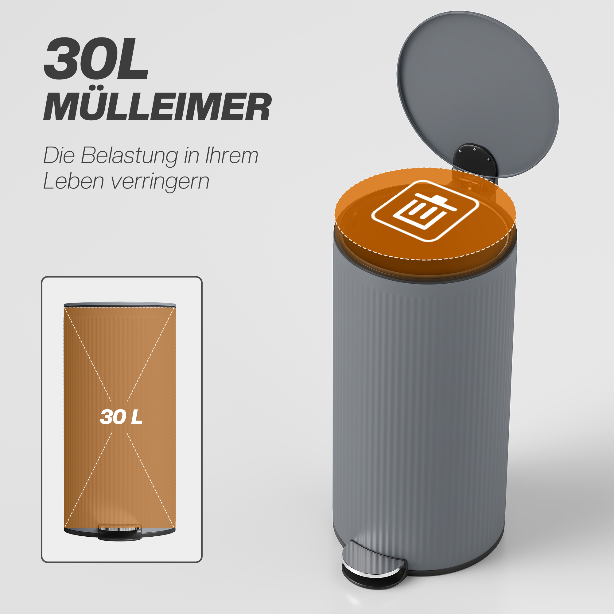 Mülleimer 30L Treteimer mit Softclose-Deckel und Pedal, Inneneimer Metall, Schwarz, 36 x 30 x 60,5 cm