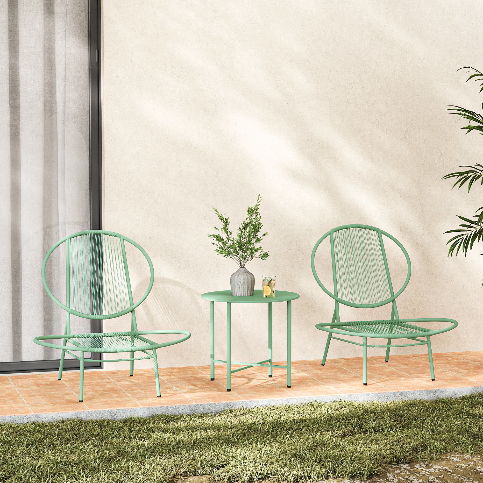 Bistro-Set 3-teilig aus Polyrattan Wetterfest Gartenmöbel Set mit Bistrotisch Muschelförmige Gartenstühlen Grün