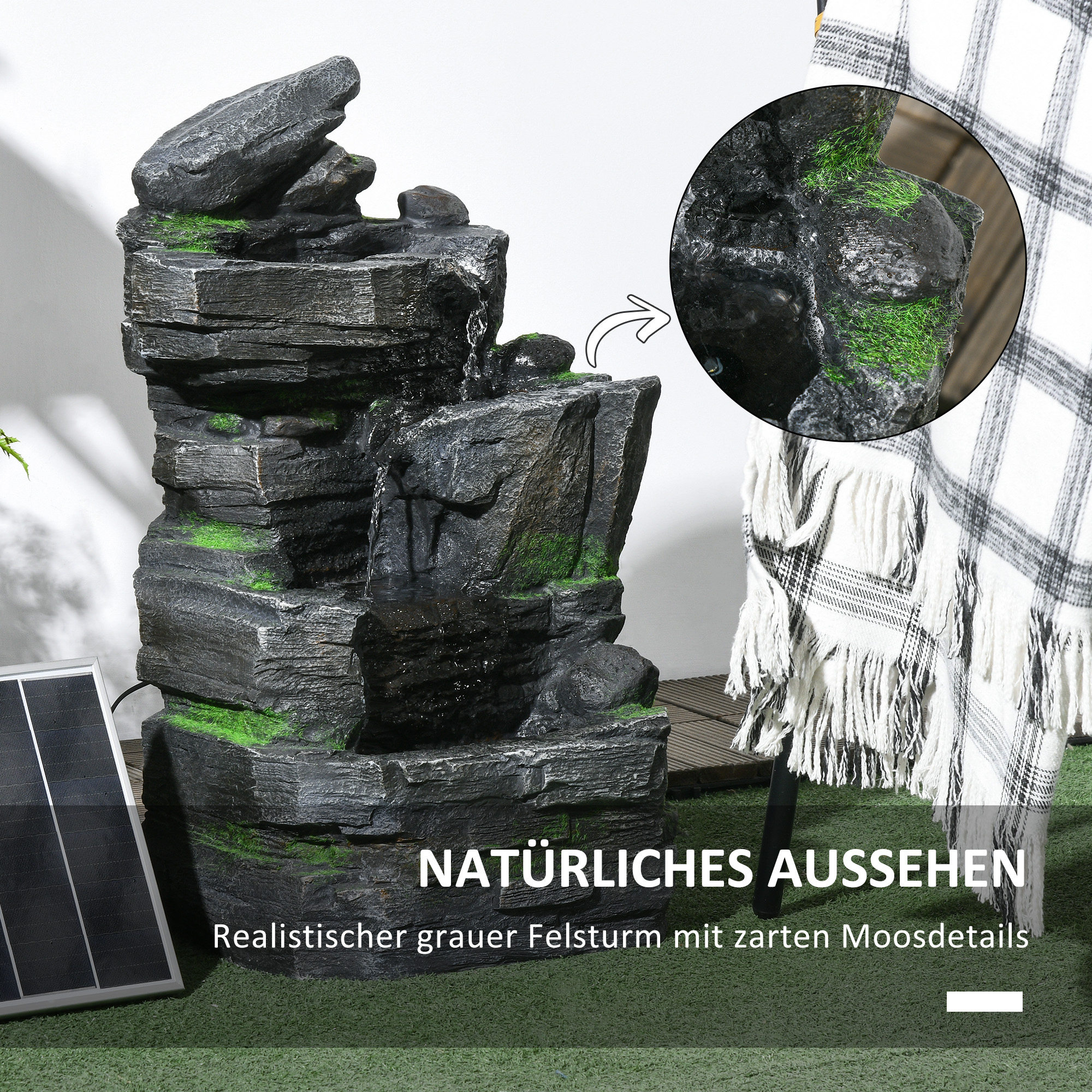 Gartenbrunnen, Steinoptik, 4-stufig, Solarbetrieb, LEDs, 57cm Höhe, Kunstharz, Grau/Braun