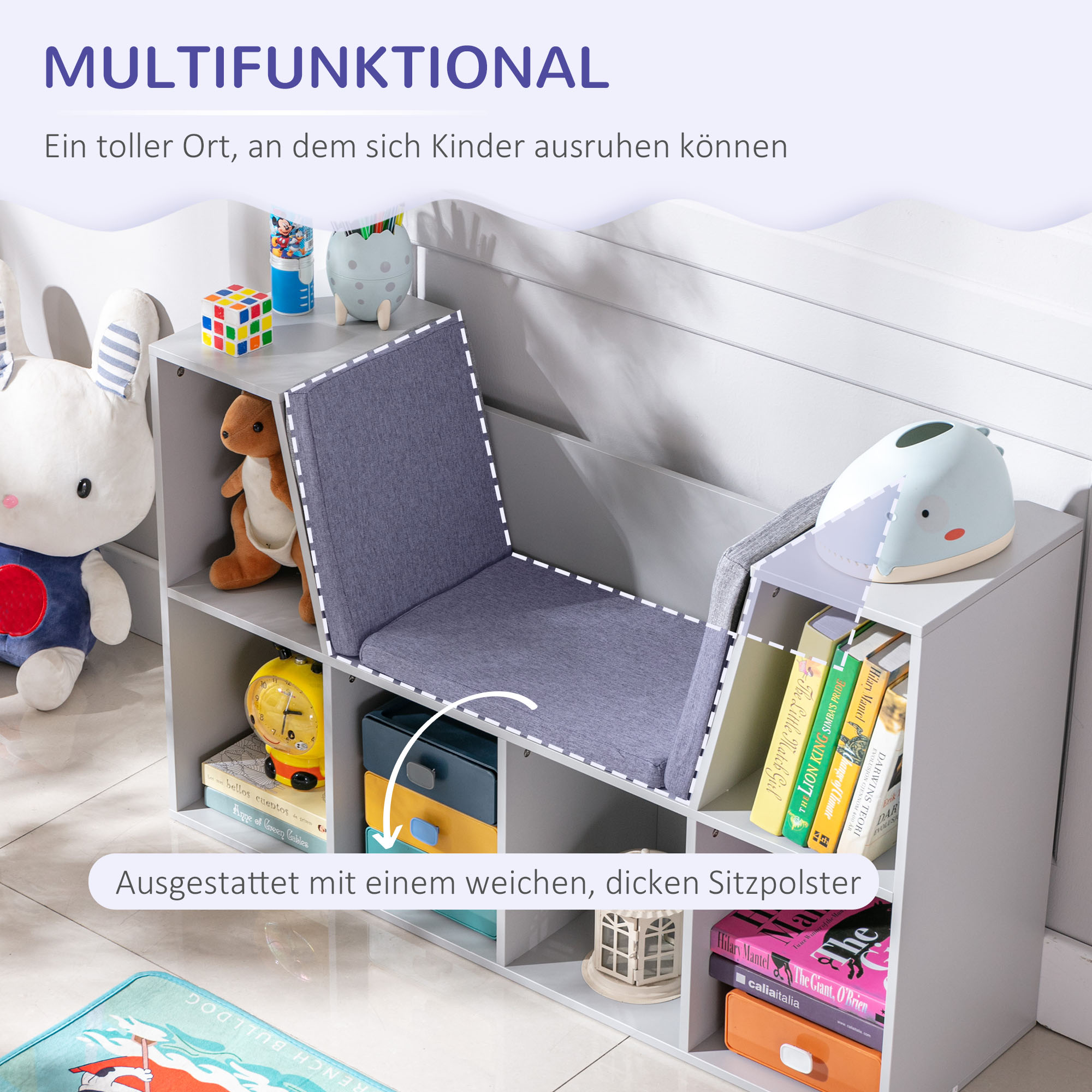 2-in-1 Kinderregal Regal + Sitzbank inkl. Polster 103 cm × 30 cm × 62 cm Weiß + Grau