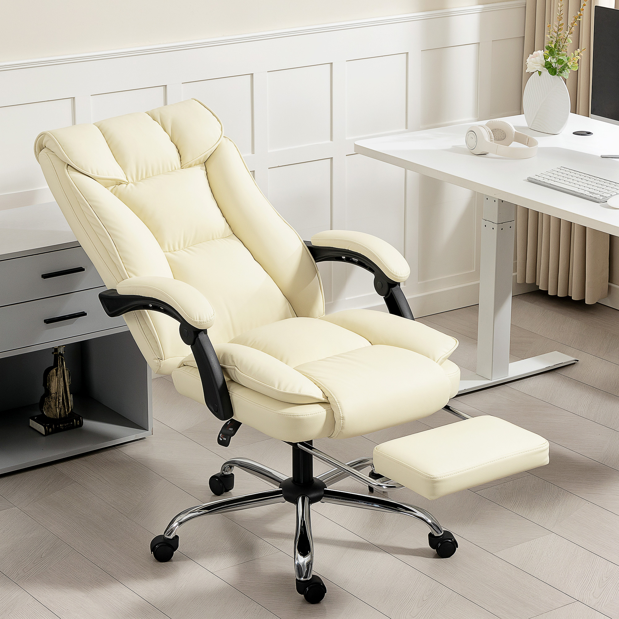 ergonomischer Bürostuhl mit Fußstütze, Kunstleder-Bezug, rollbar, drehbar, Metall, Beige+Schwarz