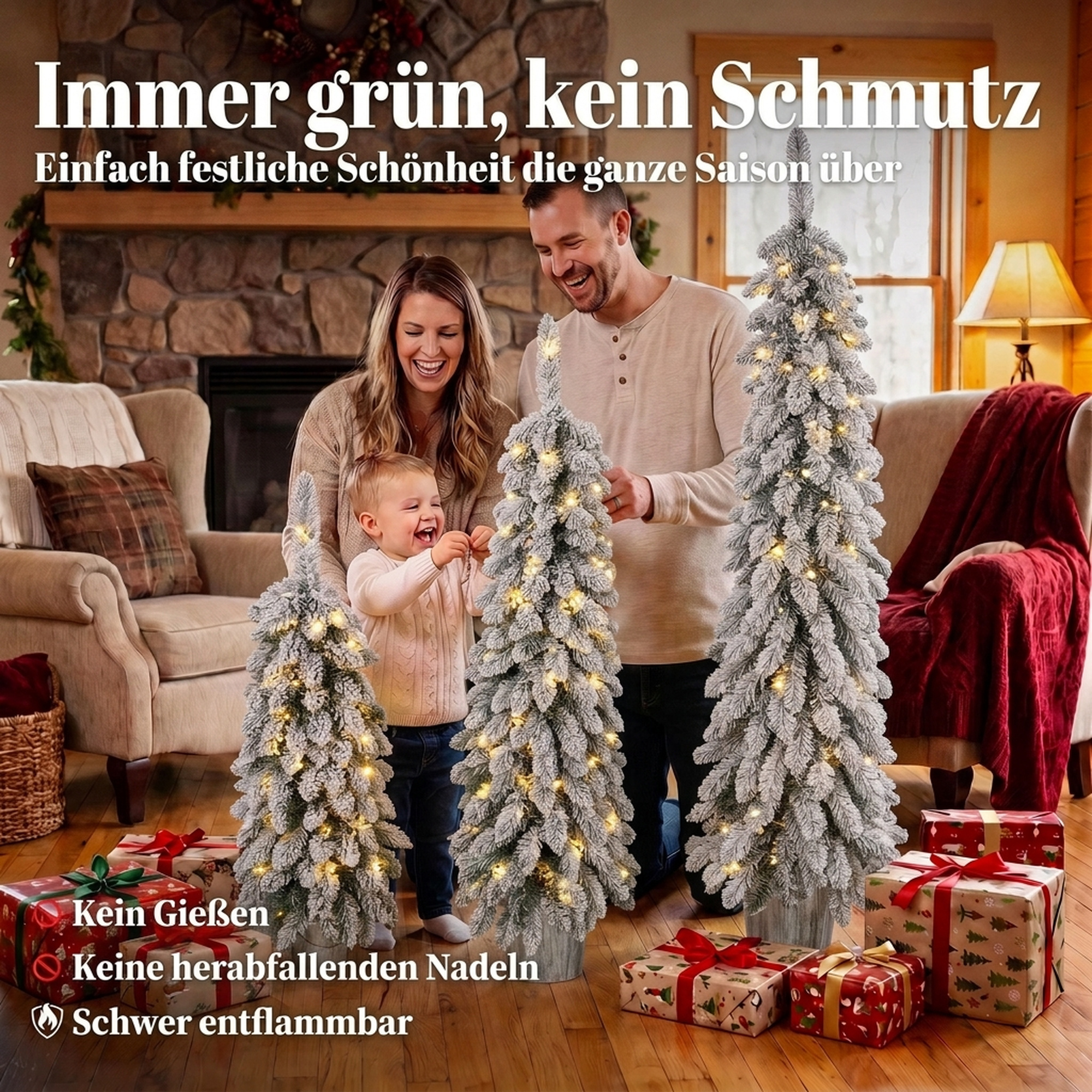 3er-Set beschneite künstliche Weihnachtsbäume, vorbeleuchtet mit PVC-Zweigspitzen und warmweißen LED-Lichtern