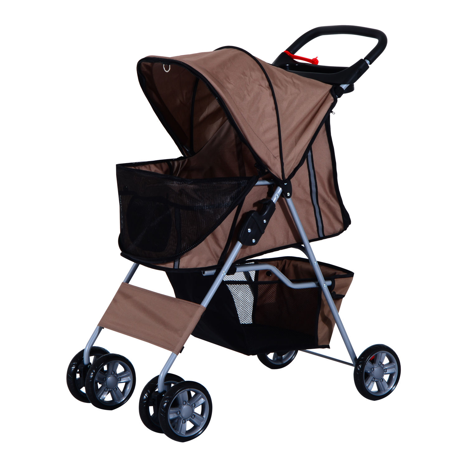 Hundebuggy Hundewagen bis 10 kg Klappbar Bodenkorb 2 Becherhalter Sonnendach Kaffeebraun