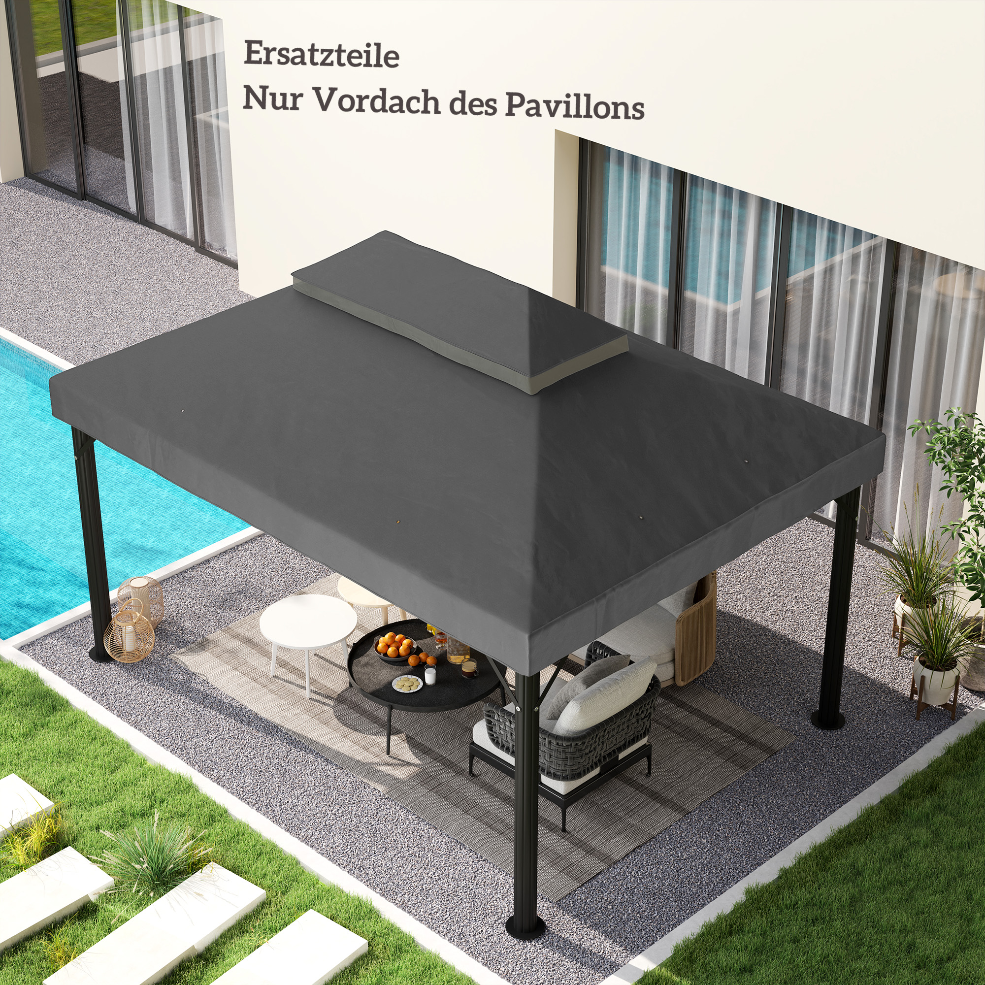 Pavillon-Ersatzdach, 3 x 4 m, Ersatzplane mit Wasserablauf-Öffnungen, Polyester, Sonnenschutz, UPF30+, Dunkelgrau