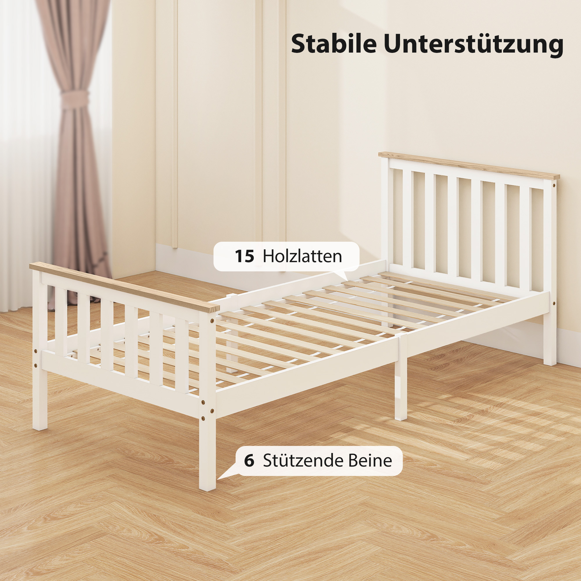 Einzelbettrahmen, Bettrahmen aus Holz, unterer Stauraum, Naturholz, Weiß