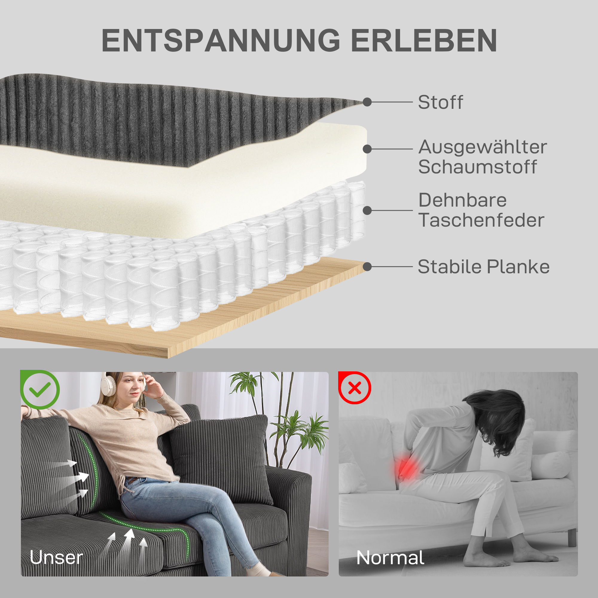 3-Sitzer-Sofa mit Zierkissen, Cordsofa für Wohnzimmer, Schlafzimmer, 212 cm breit, Dunkelgrau