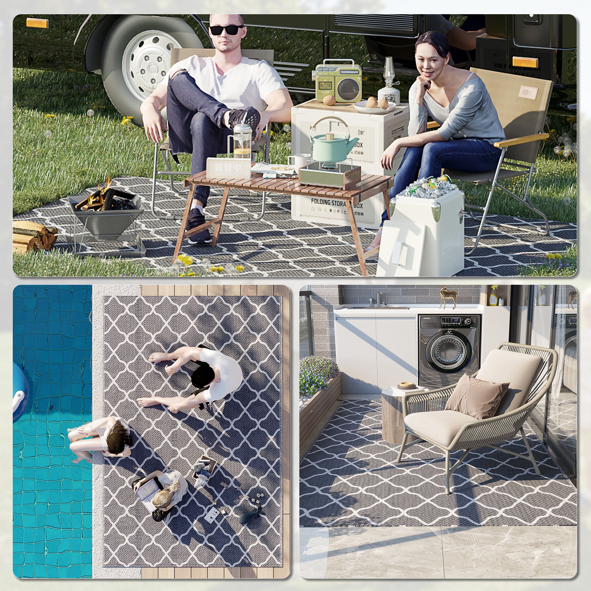 Outdoor Teppich robuster Wetterfest Outdoorteppich Carpet mit Netzmuster 182 x 274 cm Grau