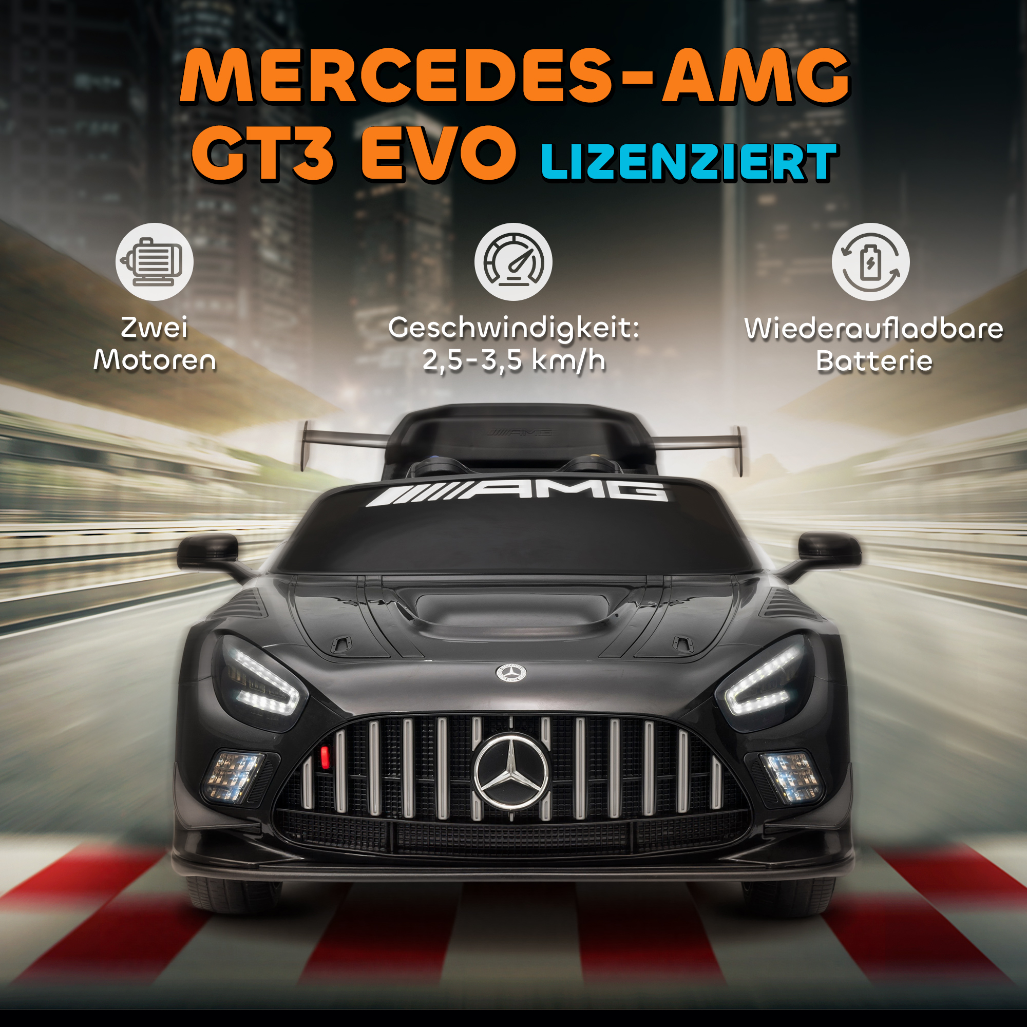 Mercedes-Elektroauto, Aufsitzauto für Kinder, 12V Batterie, LED-Lichter, Musikfunktion, Hupe, 3-8 Jahre, Schwarz