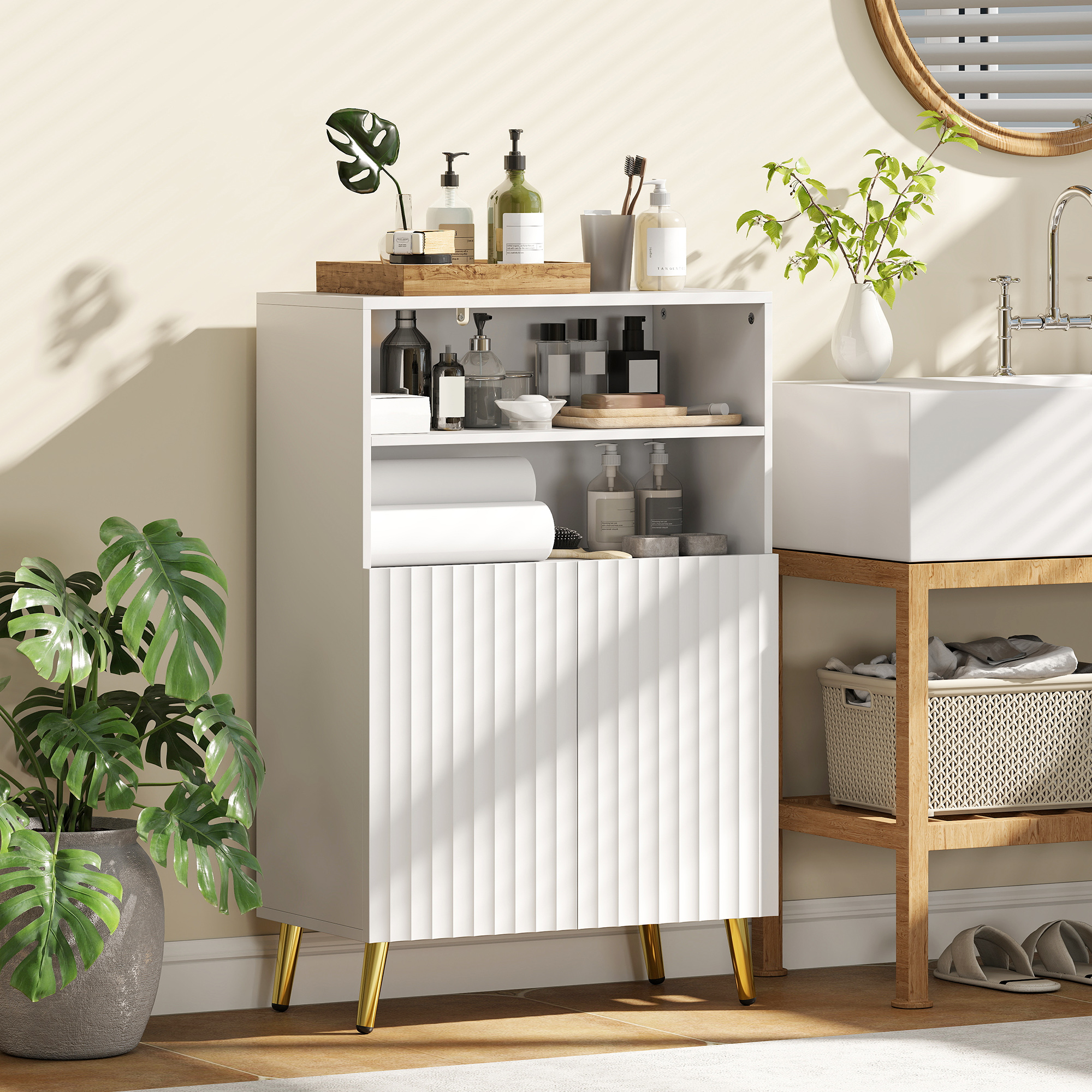 Badezimmerschrank, Kommode für Wohnräume, Soft-Close-Türen, 2 offene Regale, MDF, Weiß