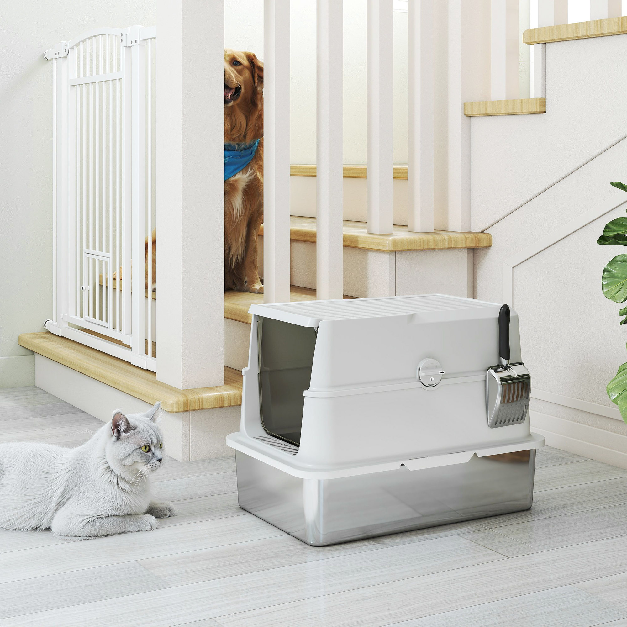 Katzentoilette, Edelstahl, XL-Innenraum, mit Schaufel, Hellgrau