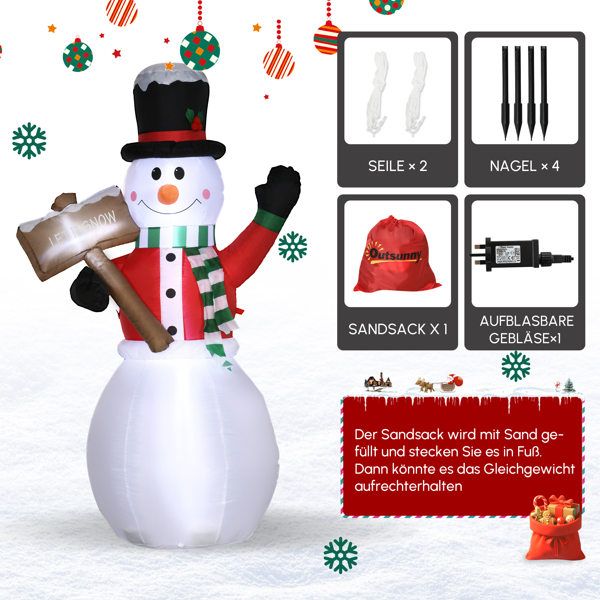 Aufblasbarer Schneemann, Outdoor Weihnachtsdekoration, 1,80 m, Santa Claus, inkl. Gebläse, Mehrfarbig