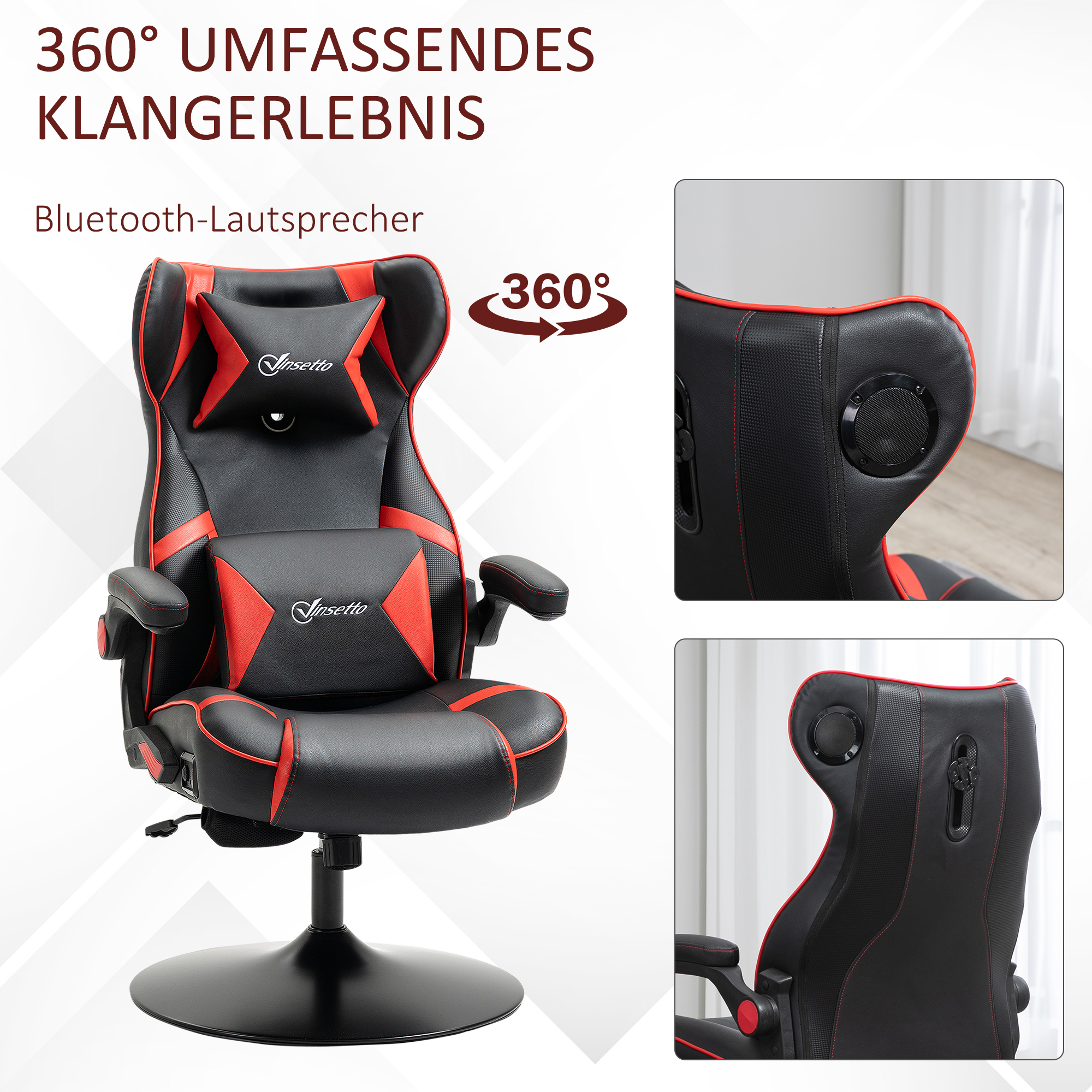 Gamingsessel, Gamingstuhl, integrierte Lautsprecher, neigbare Rücklehne, schwarz+rot, 69 x 73 x 118cm