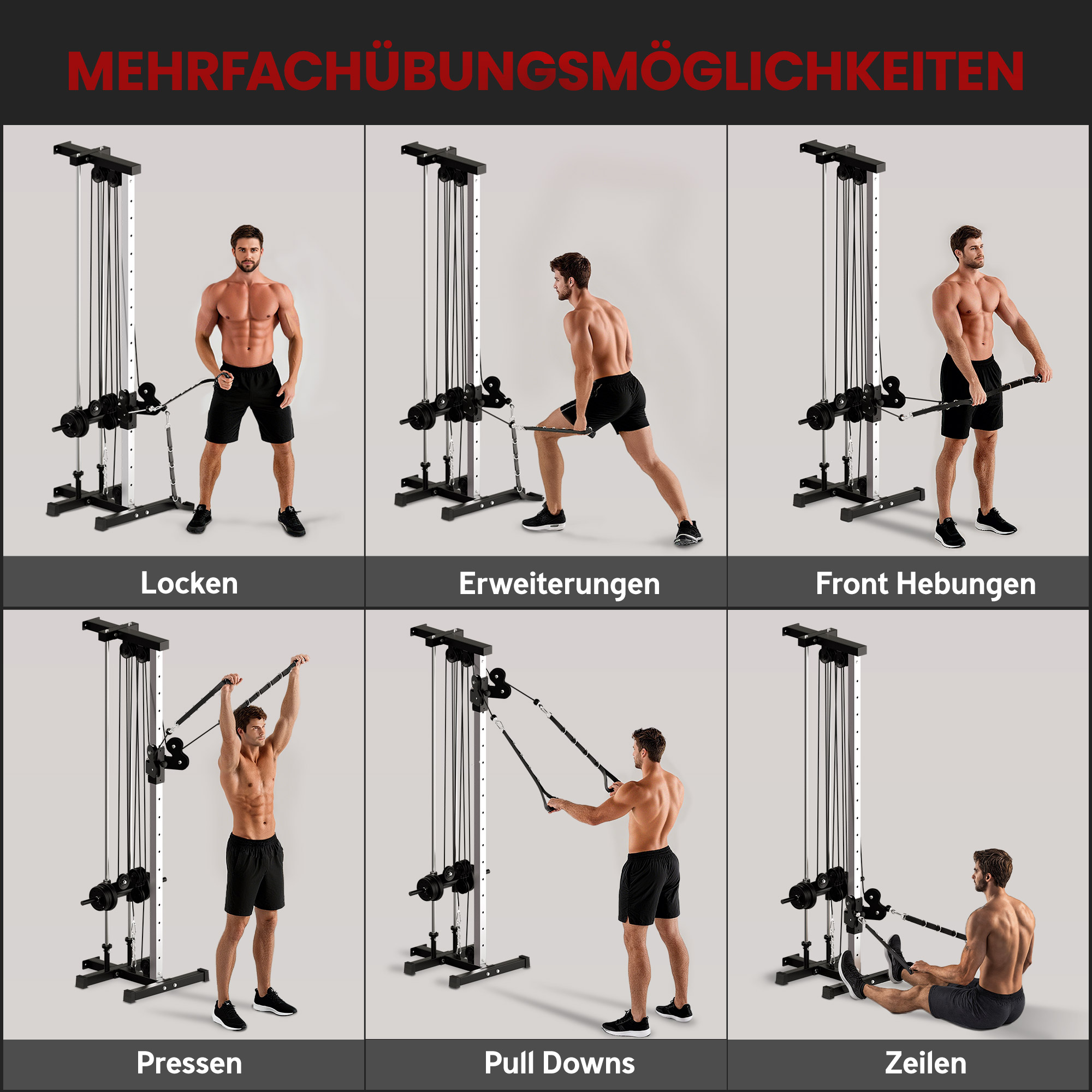 Kraftstation höhenverstellbar 25-165 cm mit Dual-Pulley-Systemen Adaptern 62 x 60 x 200 cm Schwarz