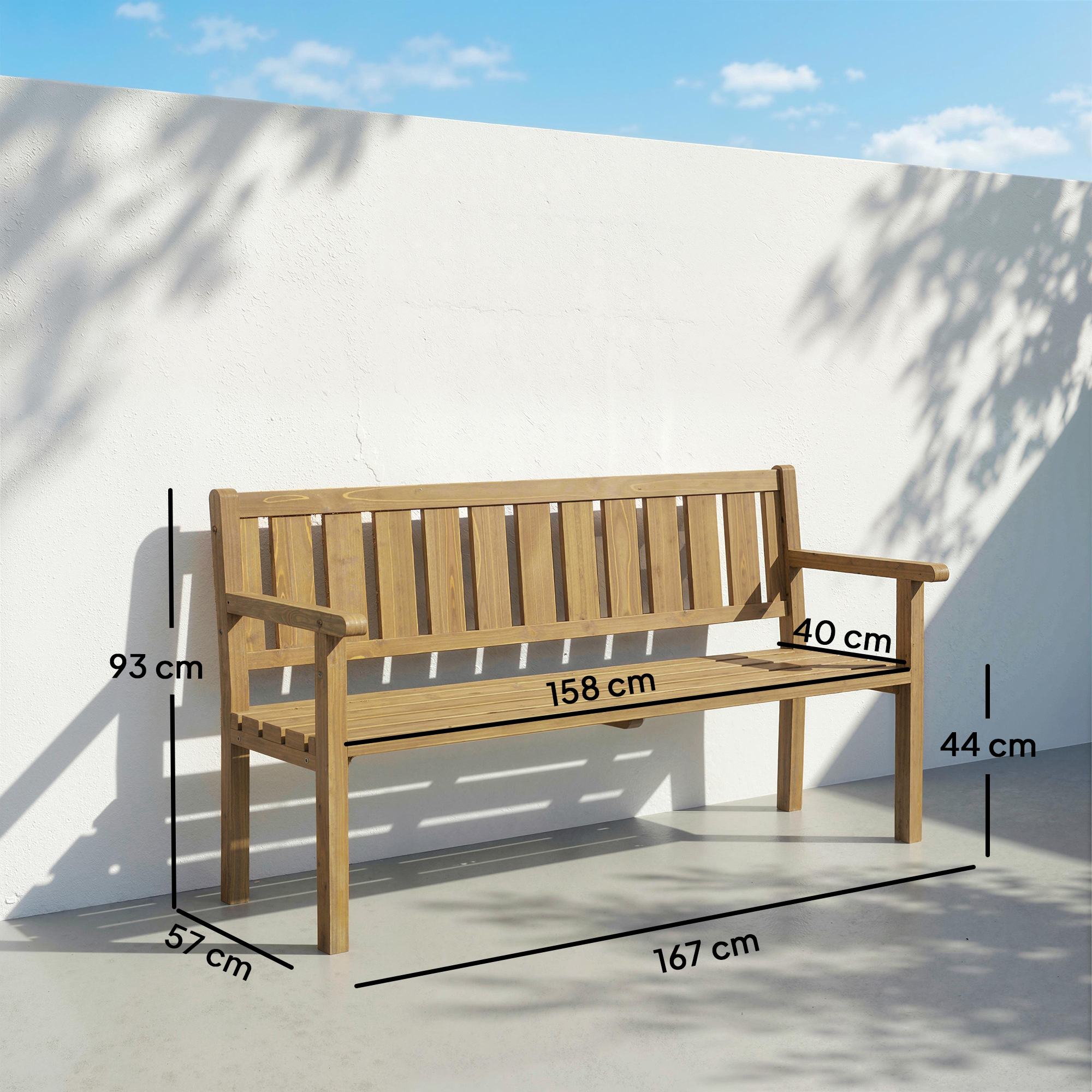 Gartenbank 3-Sitzer Wetterfest Holzbank mit Rückenlehne Armlehnen, Holz Sitzbank 360 kg belastbar Teak