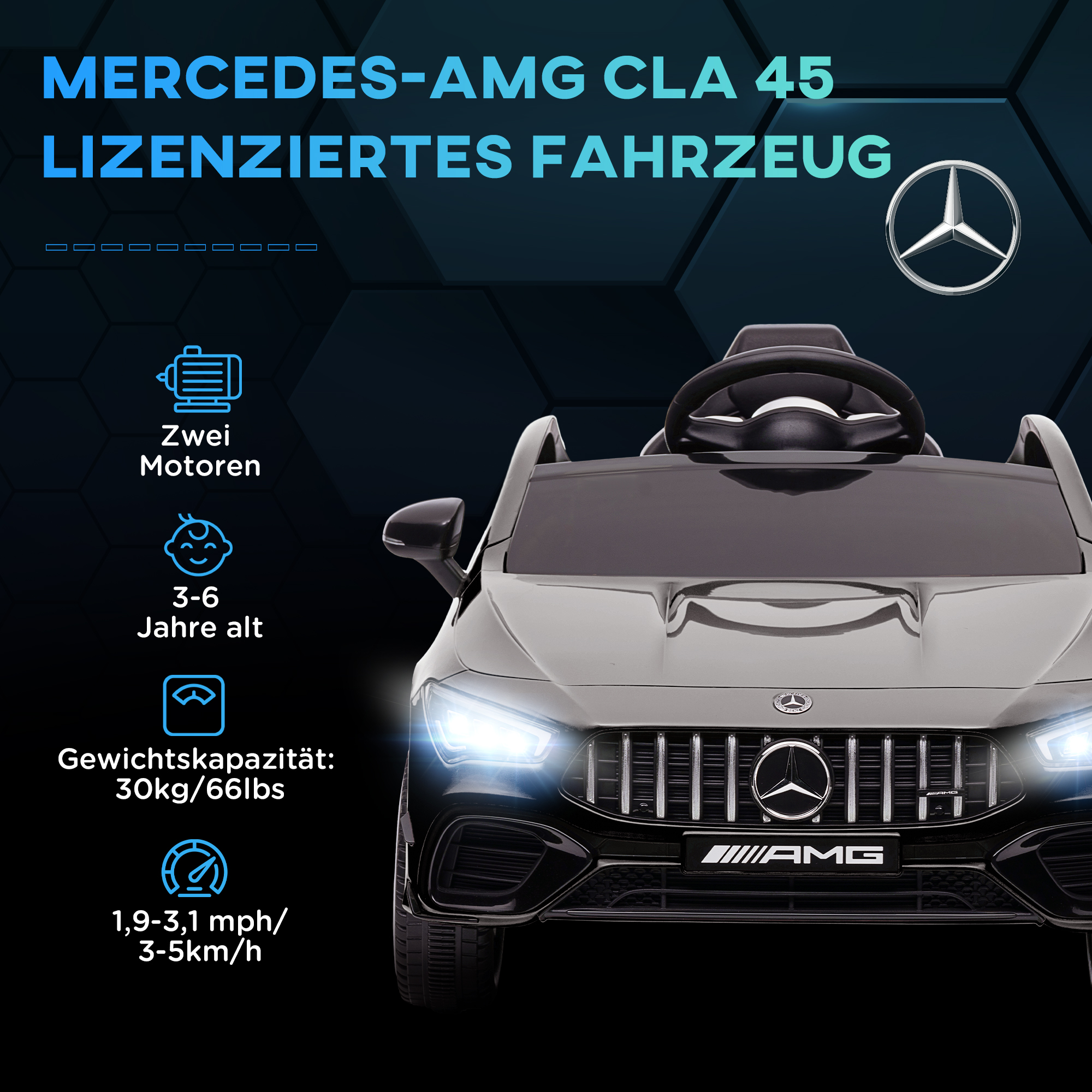 Kinder-Elektroauto, fernsteuerbar, mit Transportrollen, LED-Lichter, Hupe, für Kinder von 3-6 Jahren, Schwarz