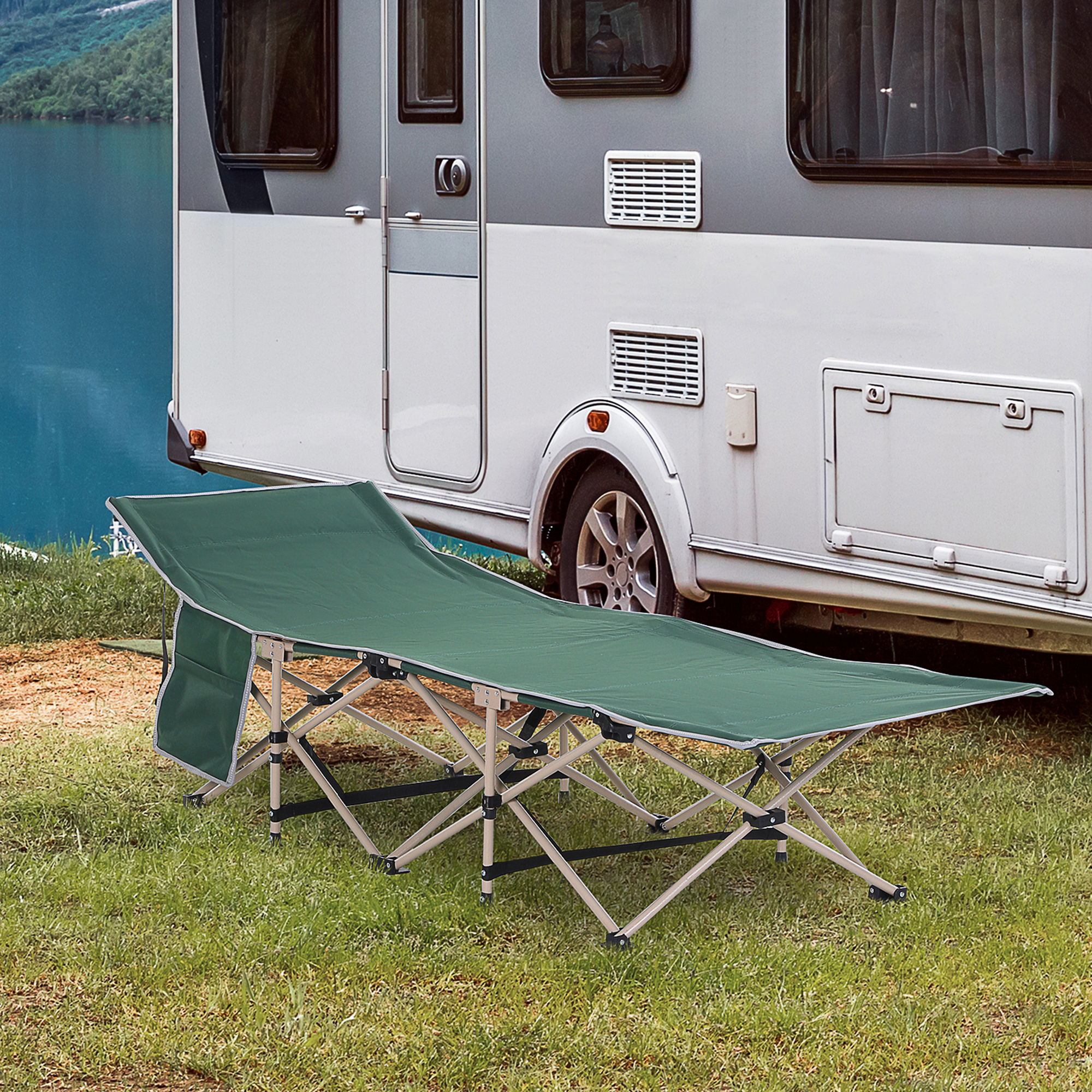 Feldbett, Camping-Bett, klappbar, wetterbeständig, ink. Tragetasche, 190 cm x 68 cm x 52 cm, Grün + Beige