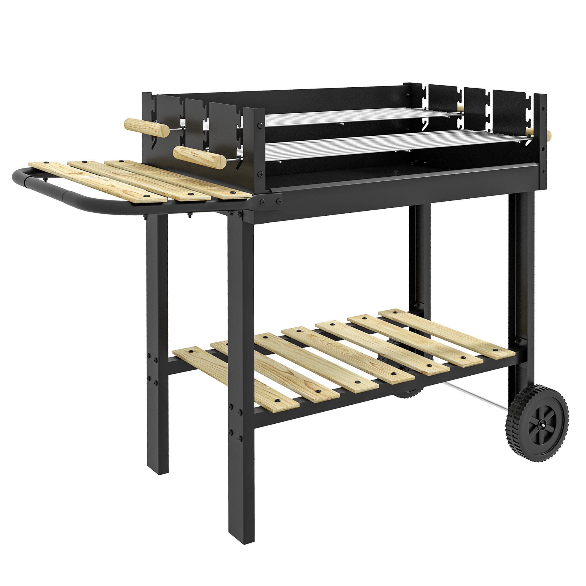 Kohlegrill, Grillwagen, 2 Grillflächen, 2 Räder, Griffe, Ablagen, 113 x 53,5 x 82,5 cm, Schwarz