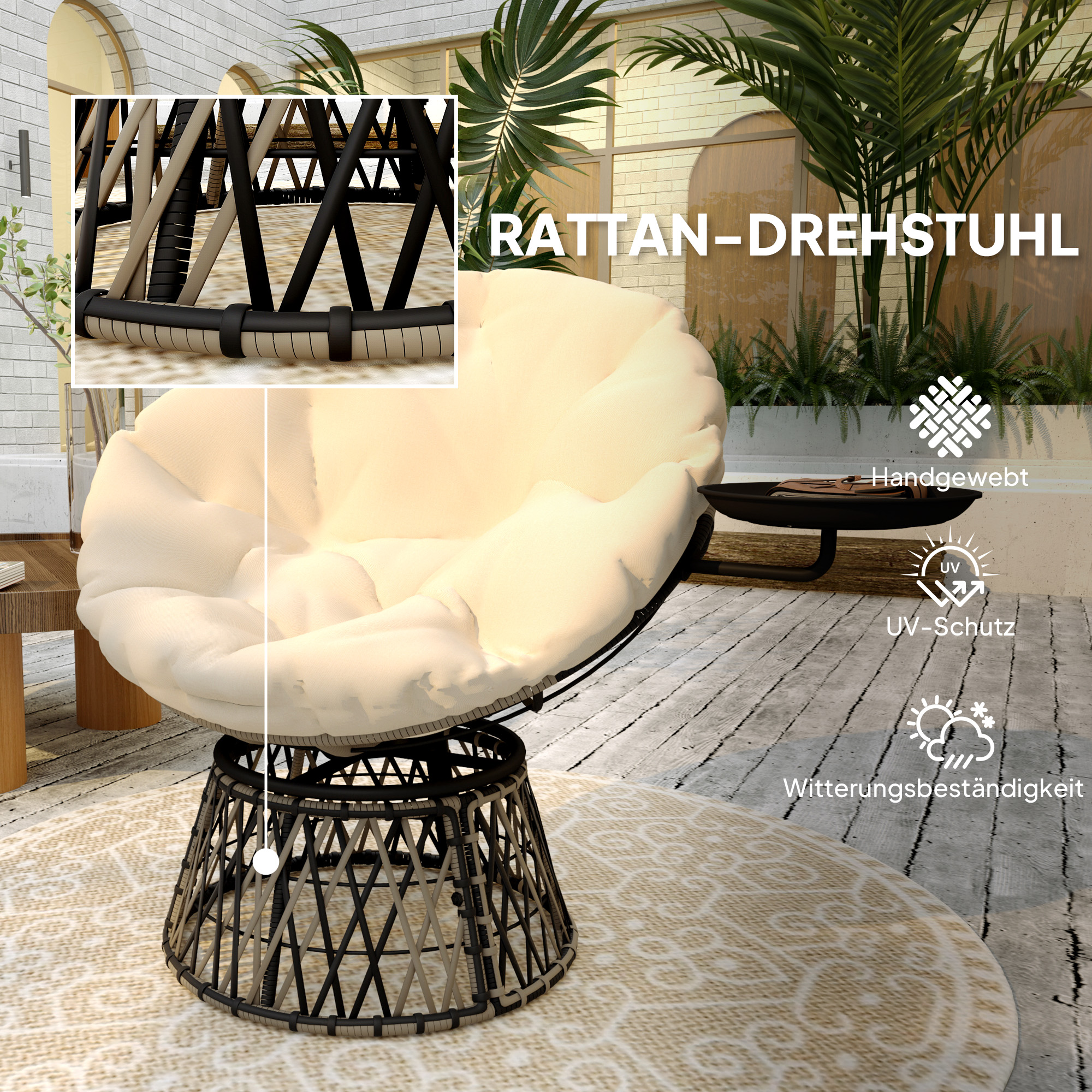 Papasansessel Rattan 360° drehbar Korbsessel mit Kissen Durchmesser 90 cm runder Beige