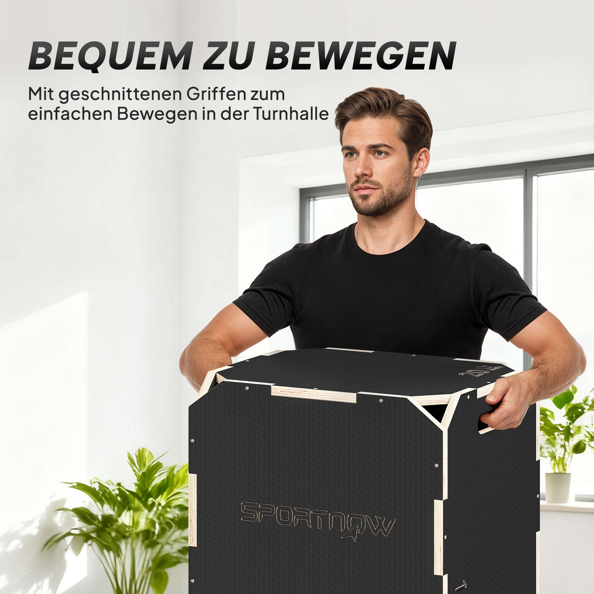 Sprungbox, kantenfreie Ecken, Sperrholz, höhenverstellbar, Seitengriffe, Schwarz