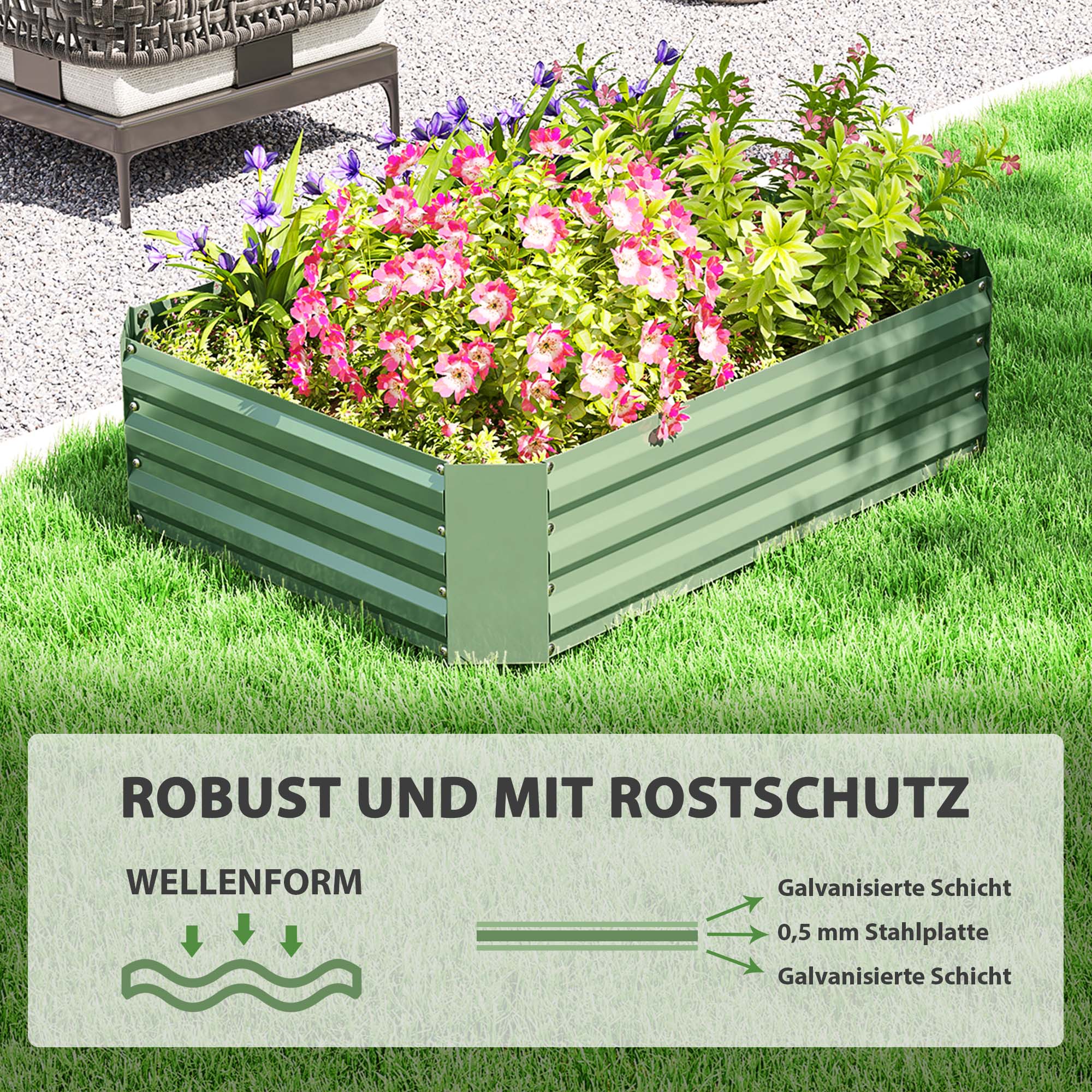 Hochbeet aus verzinktem Stahl, Gartenbeet, Pflanzkasten für Garten, Blumenkasten, 120 x 90 x 30 cm, Dunkelgrün