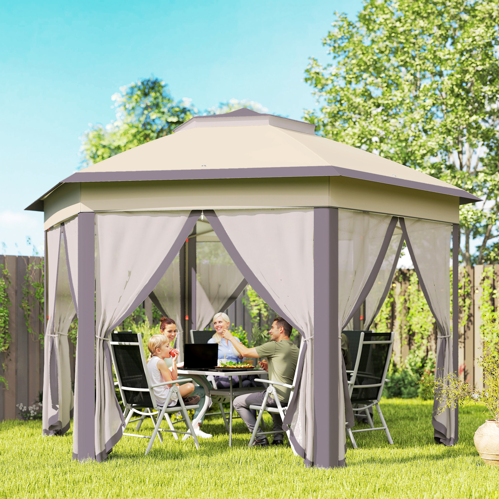 Gartenpavillon Faltpavillon 4 x 4 m Pop-Up-Zelt Partyzelt inkl. Tragetasche 6 Seitenteile Doppeldach sechseckig Beige