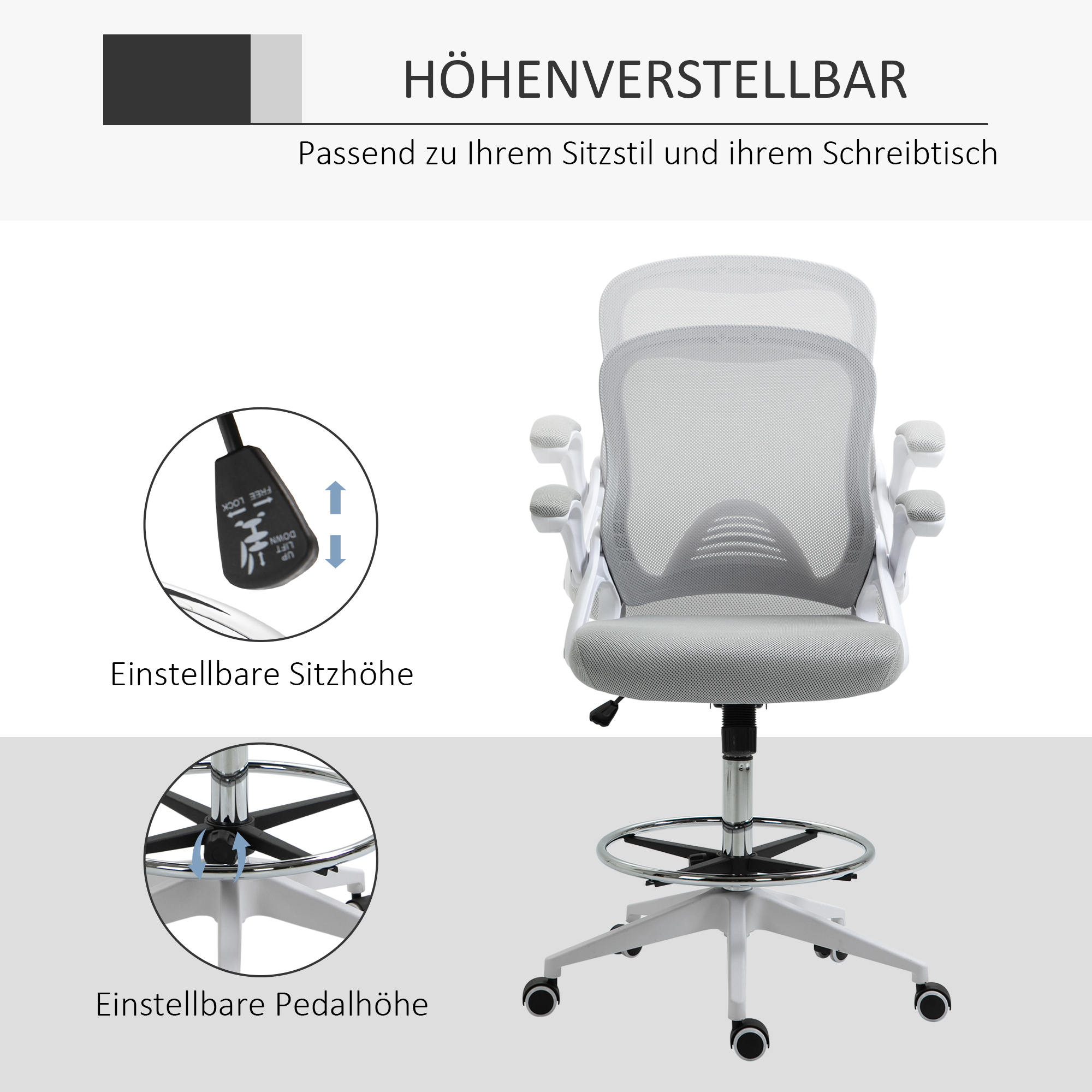 Bürosessel, Schreibtischstuhl, Stehfunktion, mit Fußablage, drehbarer Sitz, Stahl, schwarz, 64 x 60 x 106-126cm