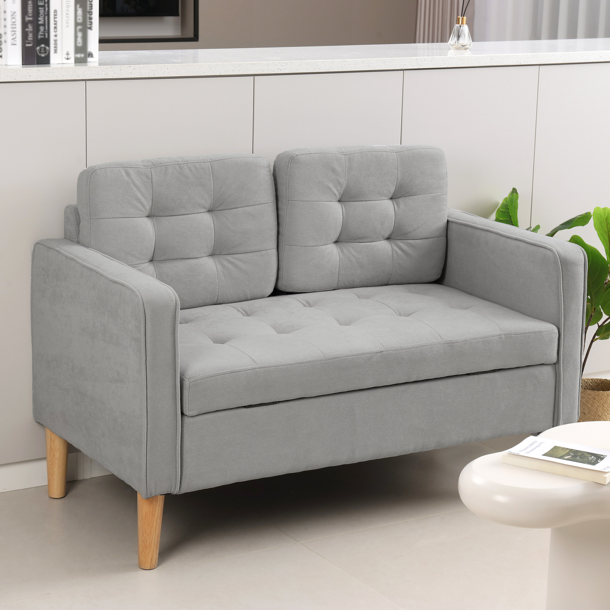 Zweisitzer-Sofa mit Stauraum, Knopfheftung, Kissen, Kautschukbaumholz, 117x62x78cm, Hellgrau