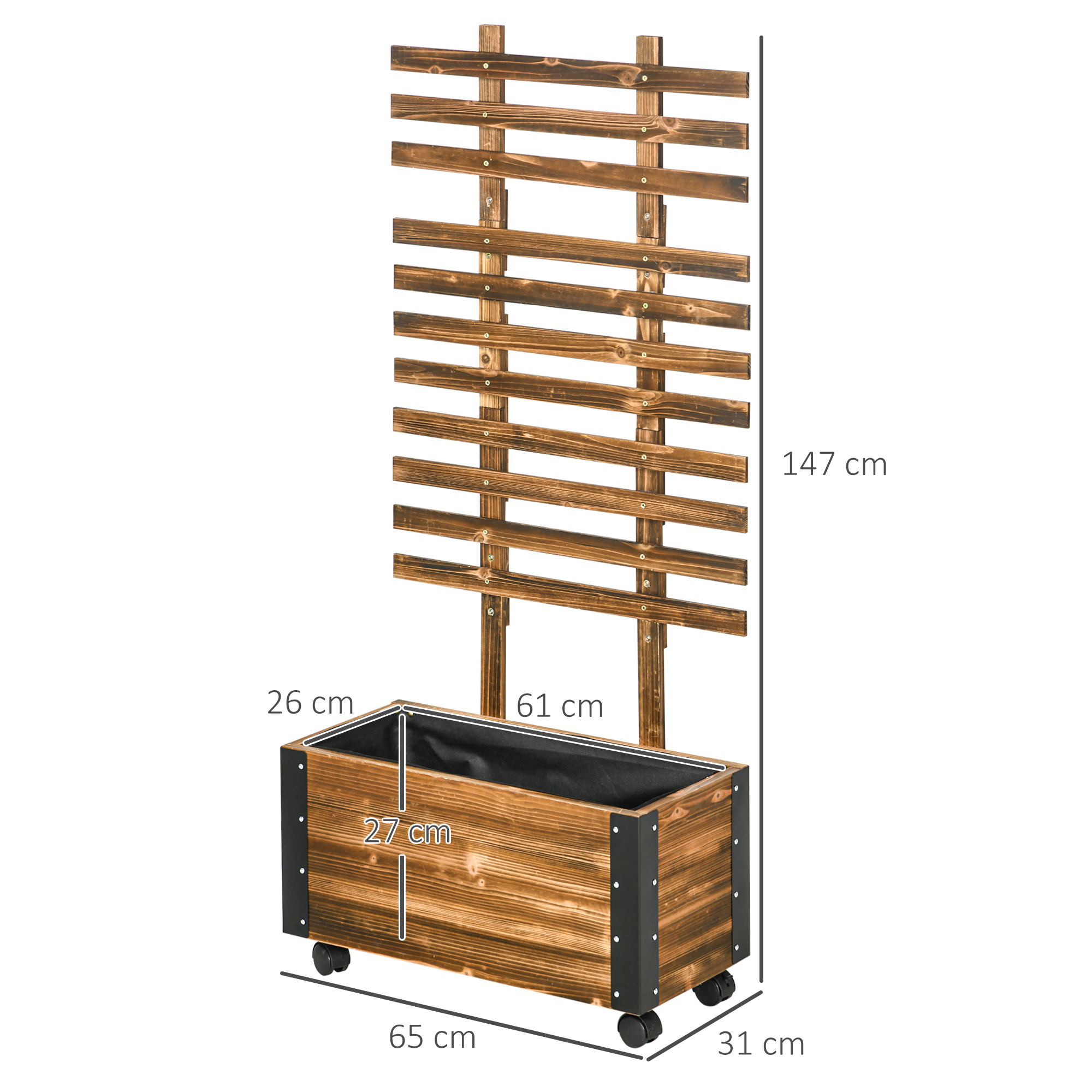 Hochbeet mit Rankhilfe, 4 Rollen, behandeltes Massivholz, 65 cm x 31 cm x 147 cm, Schwarz + Braun