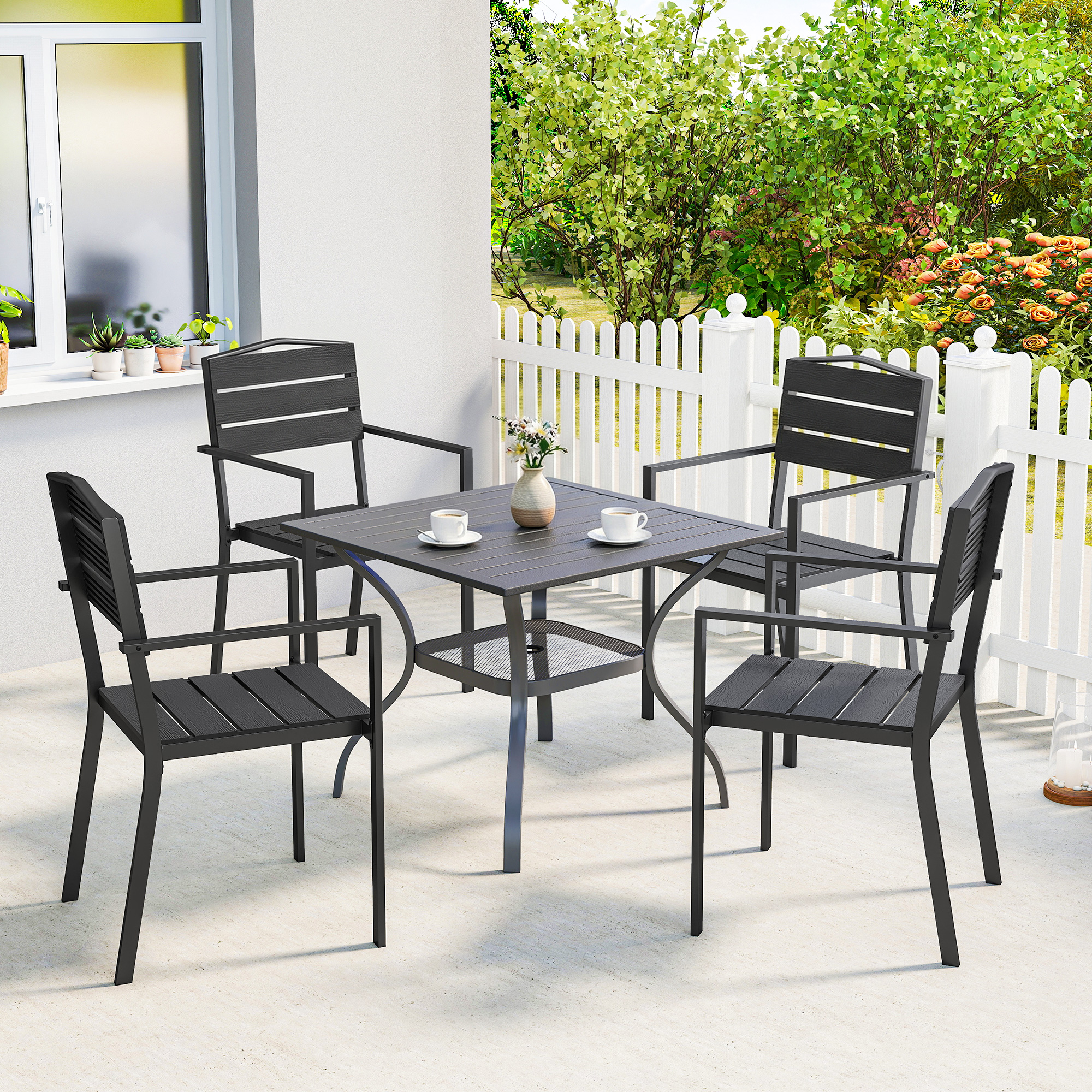 Gartenstühle 4er Set Stapelbare Terrassenstühle mit Lamelldesign Armlehnen 52 x 51 x 90 cm Schwarz