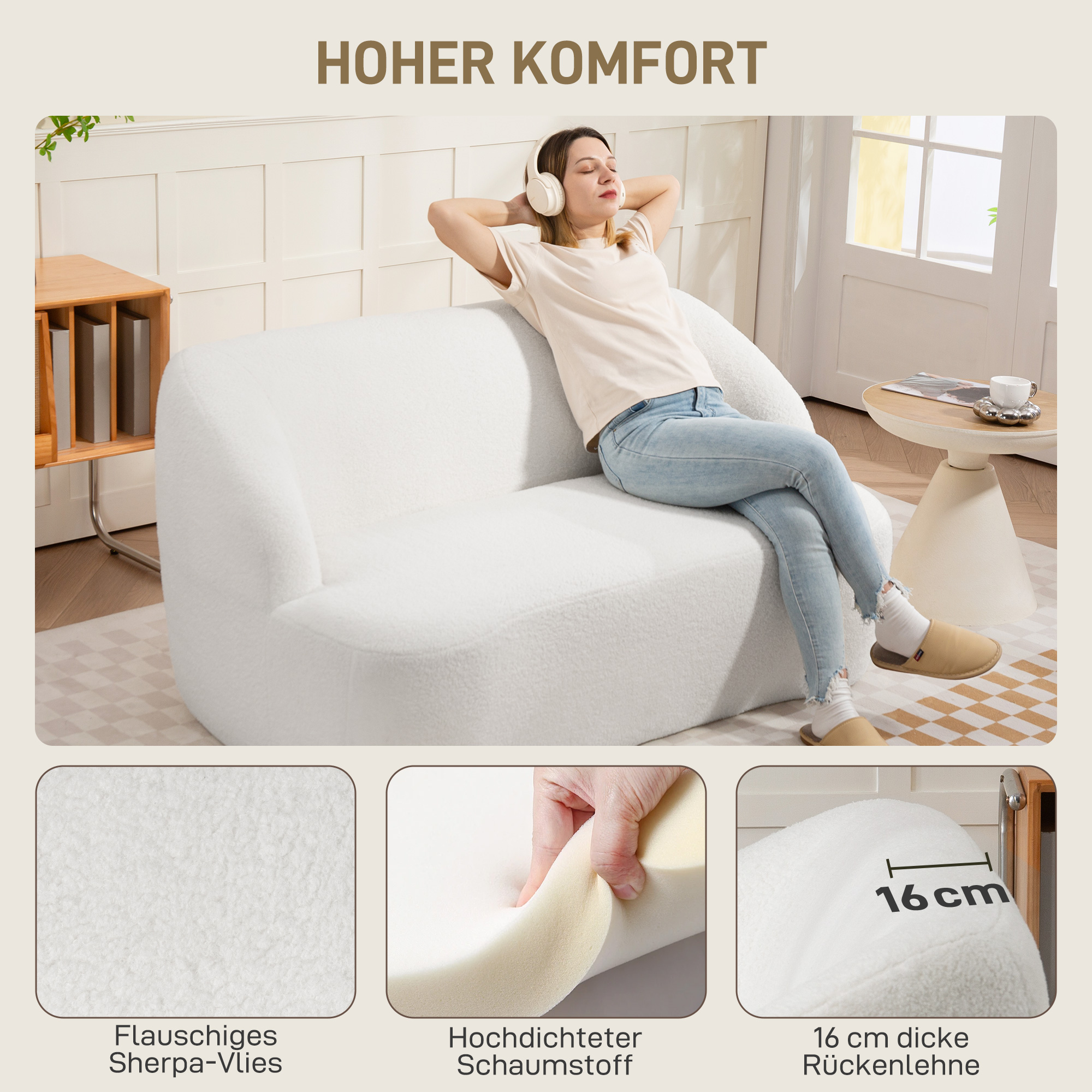 2-Sitzer-Sofa, geschwungenes Design, Polstersofa mit Fleece-Bezug, für Wohnzimmer, Schlafzimmer, Homeoffice, Cremeweiß
