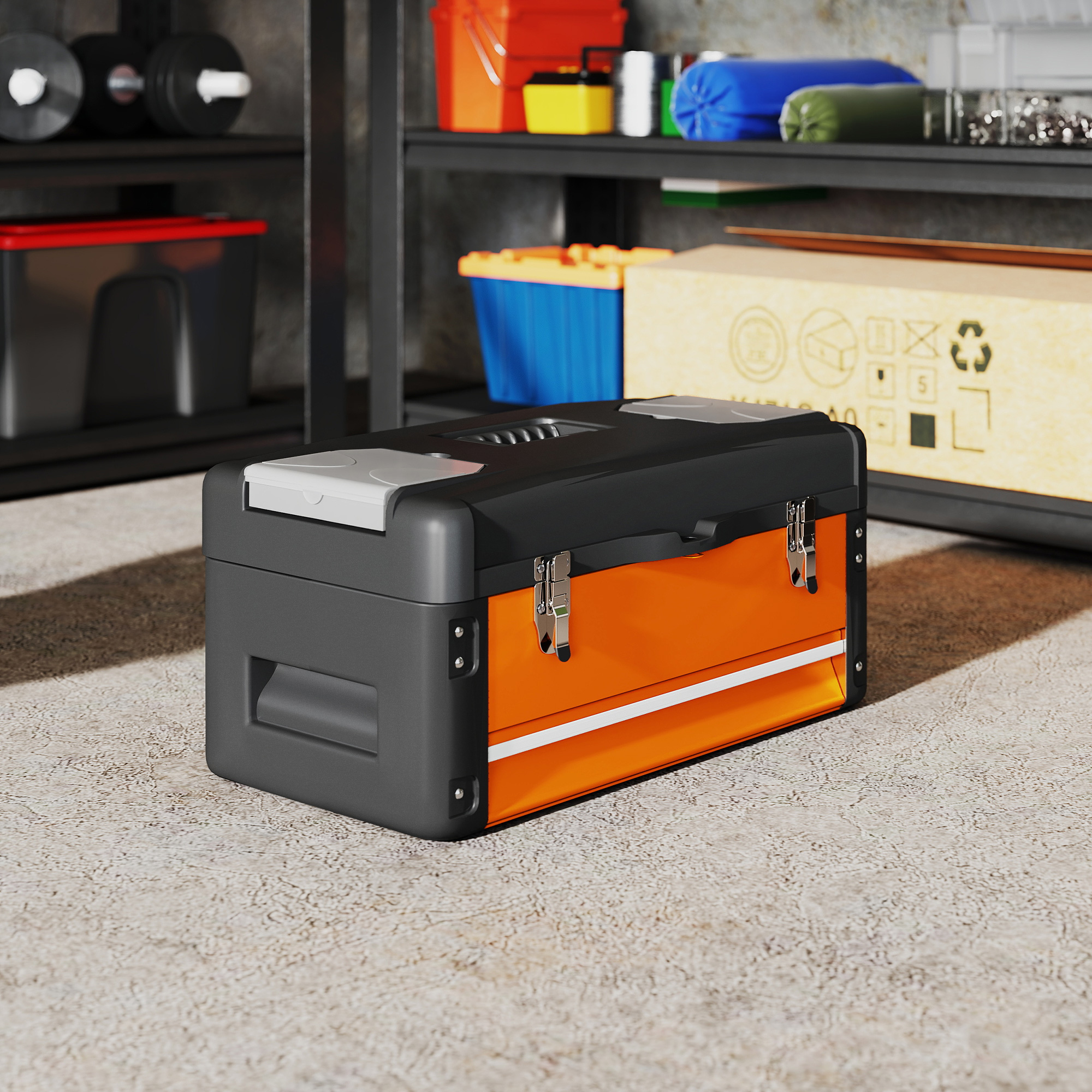 Werkzeugkiste leer, 49,7 x 25,3 x 23 cm Werkzeugkasten mit Schublade, Mini-Box Stahl Orange