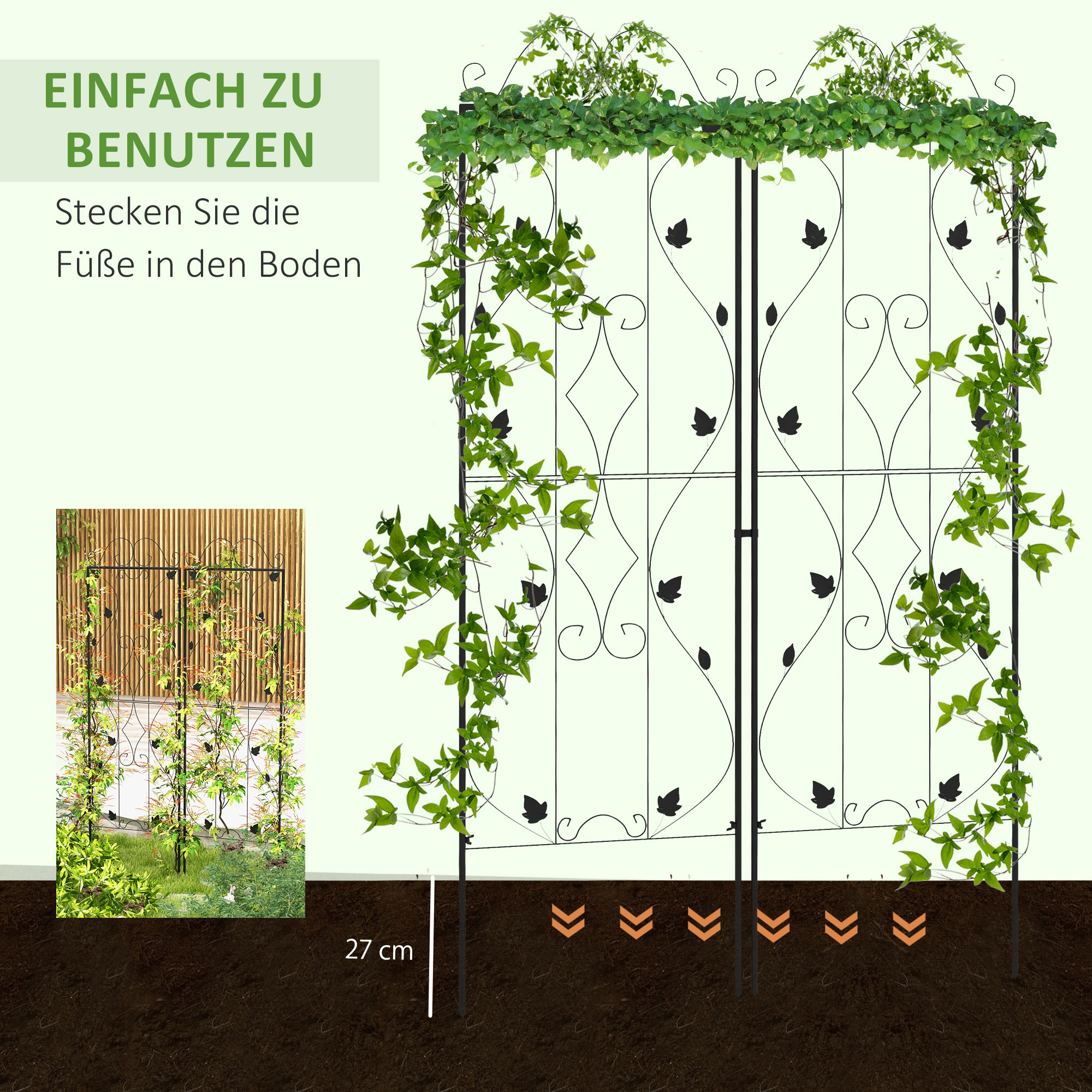 Rankgitter Stahl 2er Set zum Stecken rostfrei Rankhilfe mit Blättern 50 x 181 cm Schwarz