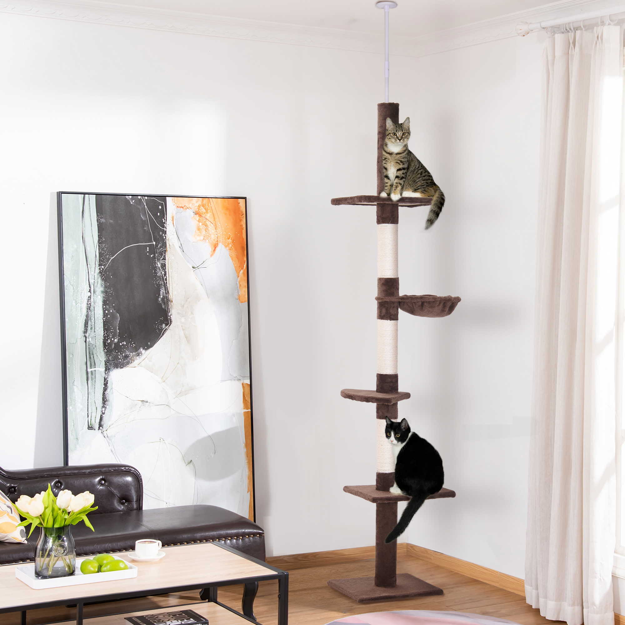 Kratzbaum Deckenhoch höhenverstellbar, stabiler Katzenbaum mit Sisalsäulen, Katzen Kletterbaum, Braun, 40 x 34 x 230-260 cm
