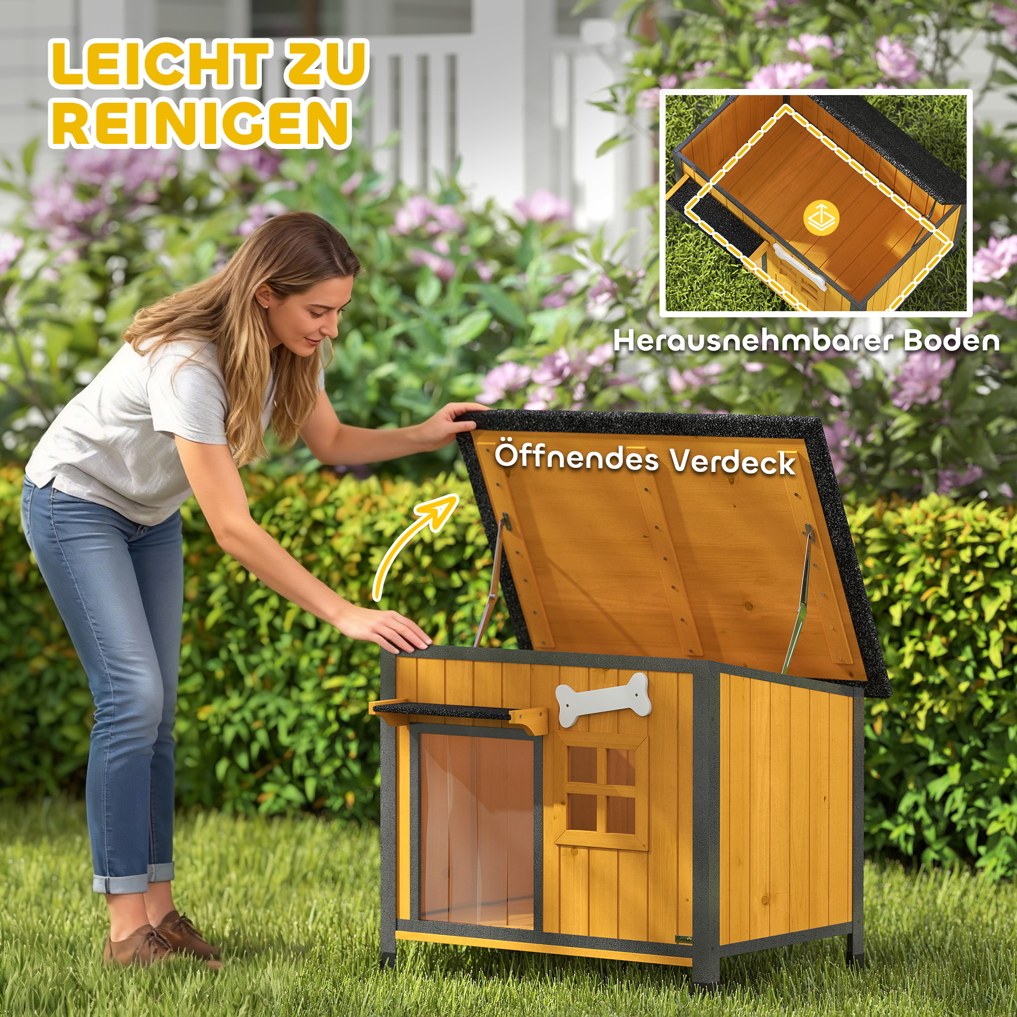 Hundehütte Holz Outdoor Hundehaus mit Asphalt-Dach zum Öffnen herausnehmbarem Boden Türvorhang Stahlrahmen 84,5x62x65cm