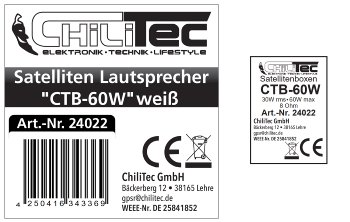 Satelliten Lautsprecher "CTB-60B" Paar, 60W, 8Ohm, 164x120x135mm, Weiß
