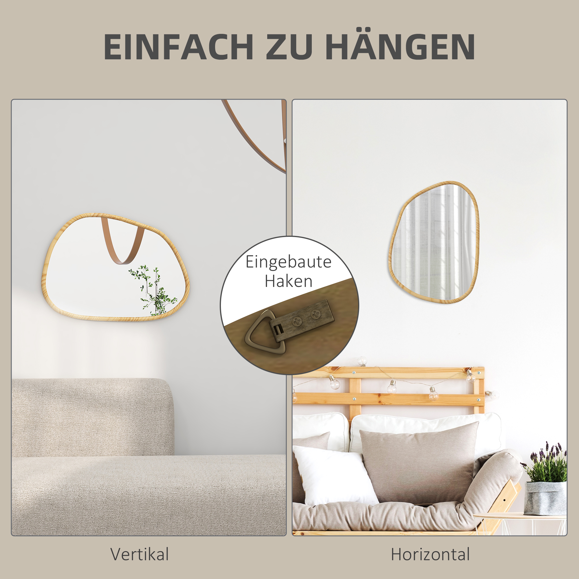 Wandspiegel Dekospiegel Spiegel, Vintage-Design, 80 cm x 2,1 cm x 60 cm, Massivholz, Natur