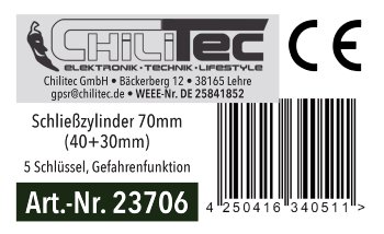 Schließzylinder 70mm (40+30mm) / 5 Schlüssel, Not- & Gefahrenfunktion