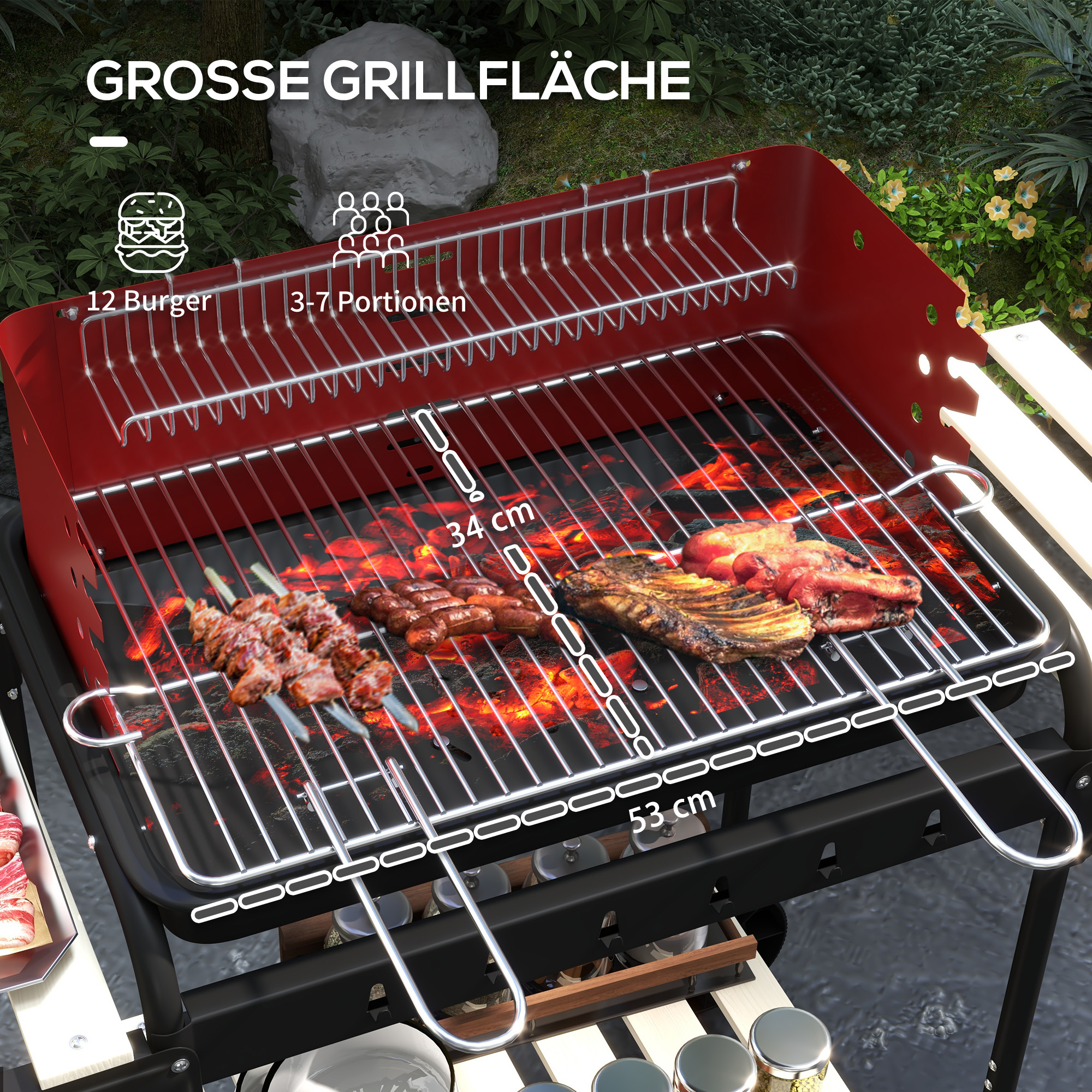 Holzkohlegrill aus Metall BBQ Smoker mit Räder, höheverstellbar Grillrost, Holzablage 103x47x95 cm Rot