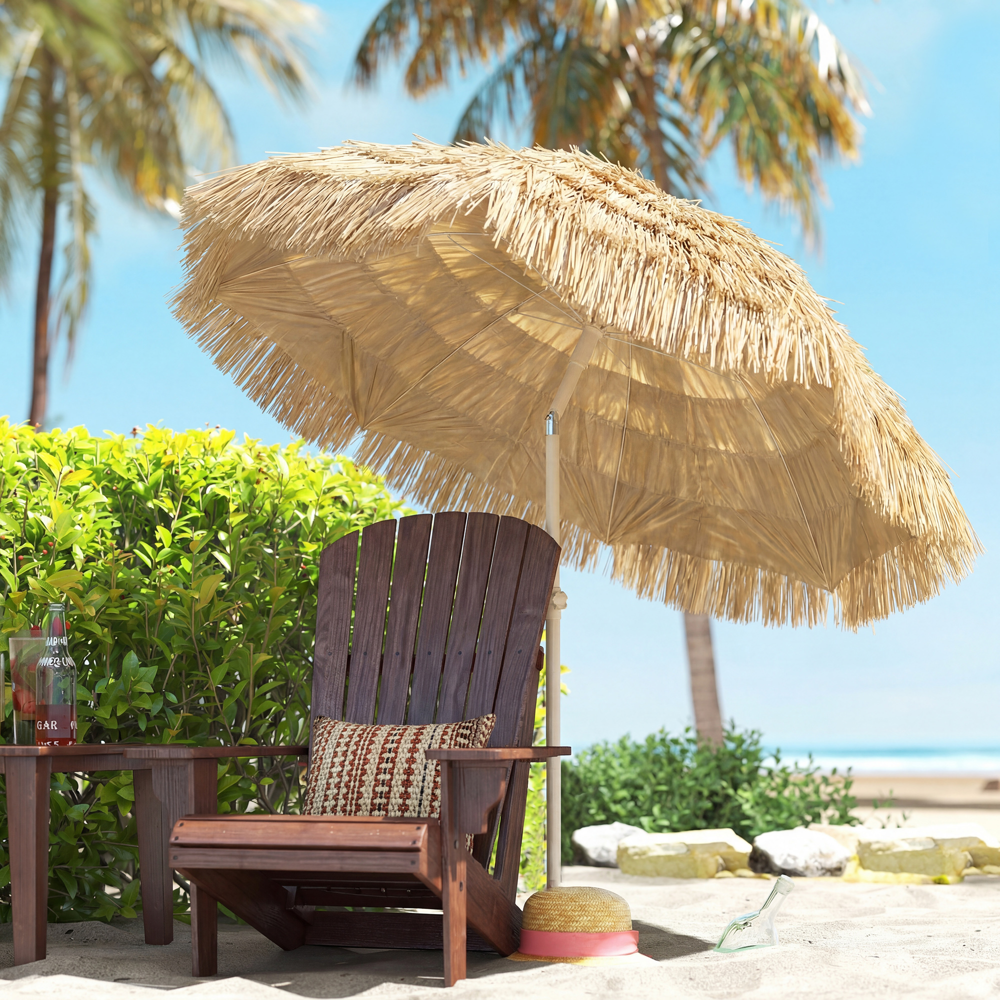 150 cm Hula Strohdach Tiki Strand- und Gartenschirm mit Sandanker, verstellbarer Höhe und Neigefunktion, Strohdach Sonnenschirm
