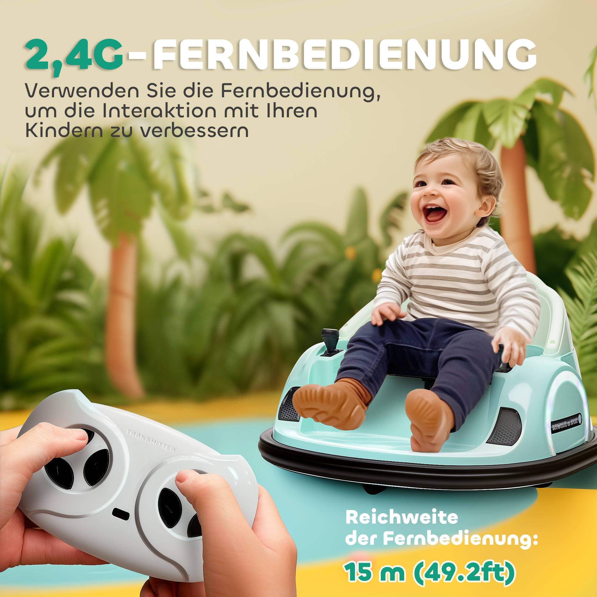 Autoscooter, 360° Rotation, 2 km/h Geschwindigkeit, Sicherheitsgurt, LED-Lichter, Musik und Hupe, Grün