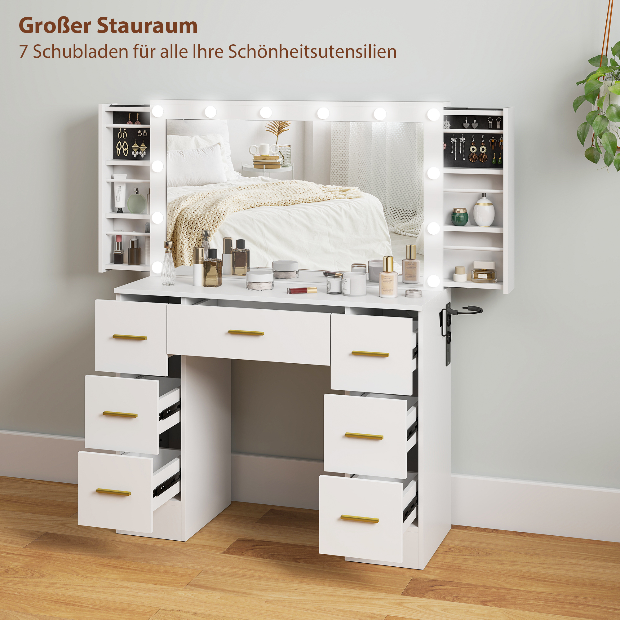 Schminktisch mit Spiegel und 12 LED-Lichtern, Frisiertisch mit 7 Schubladen, 6 versteckte Staufächer, Spanplatte, Weiß