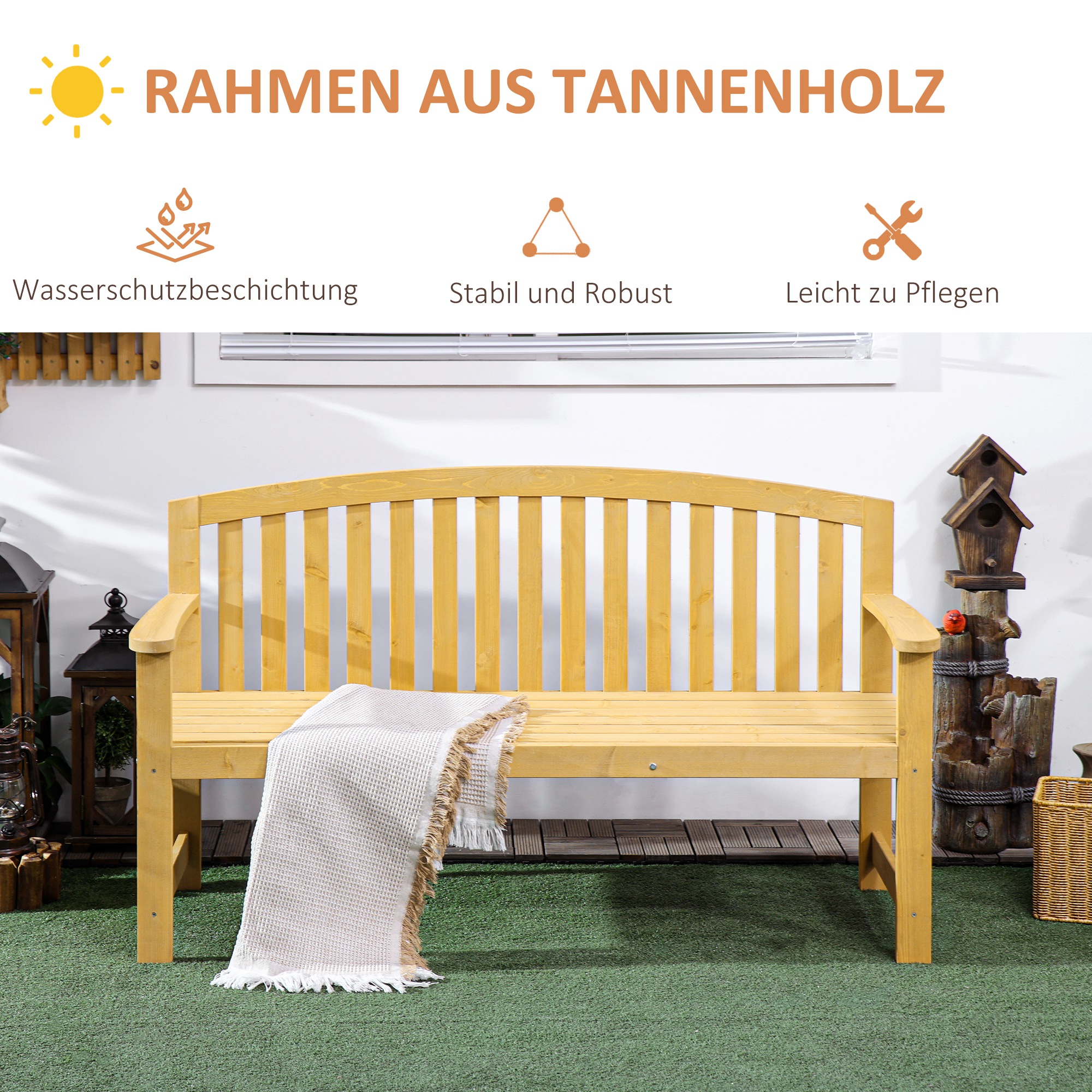2-Sitzer Gartenbank Holz, wetterfest Sitzbank, Gartenmöbel mit Rückenlehnen, 240 kg belastbar 140 x 50 x 85 cm, Orange