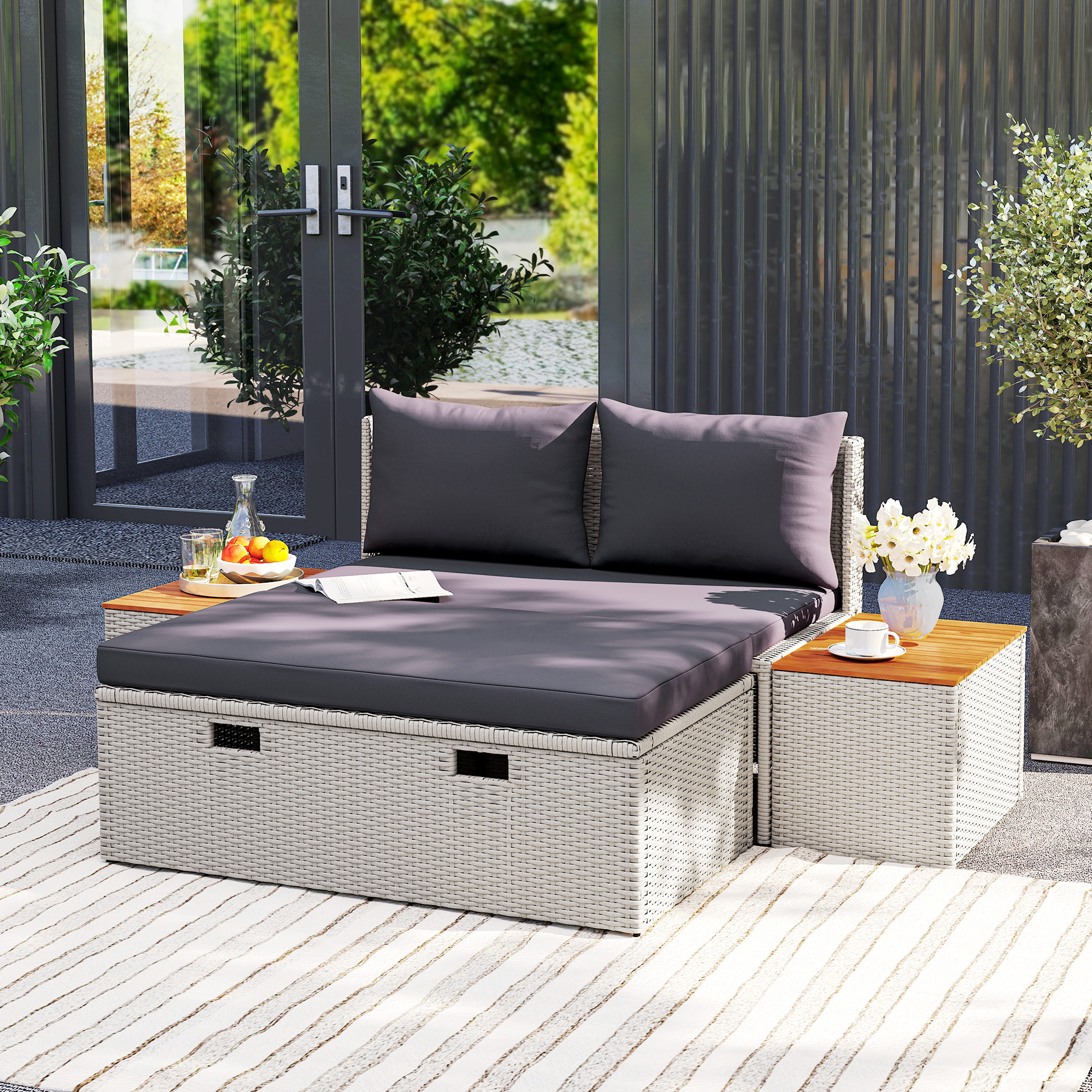 Polyrattan Sonnenliege für 2 Personen Doppelliege mit Fußhocker Stauraum Auflagen 125x114x72,5 cm Grau