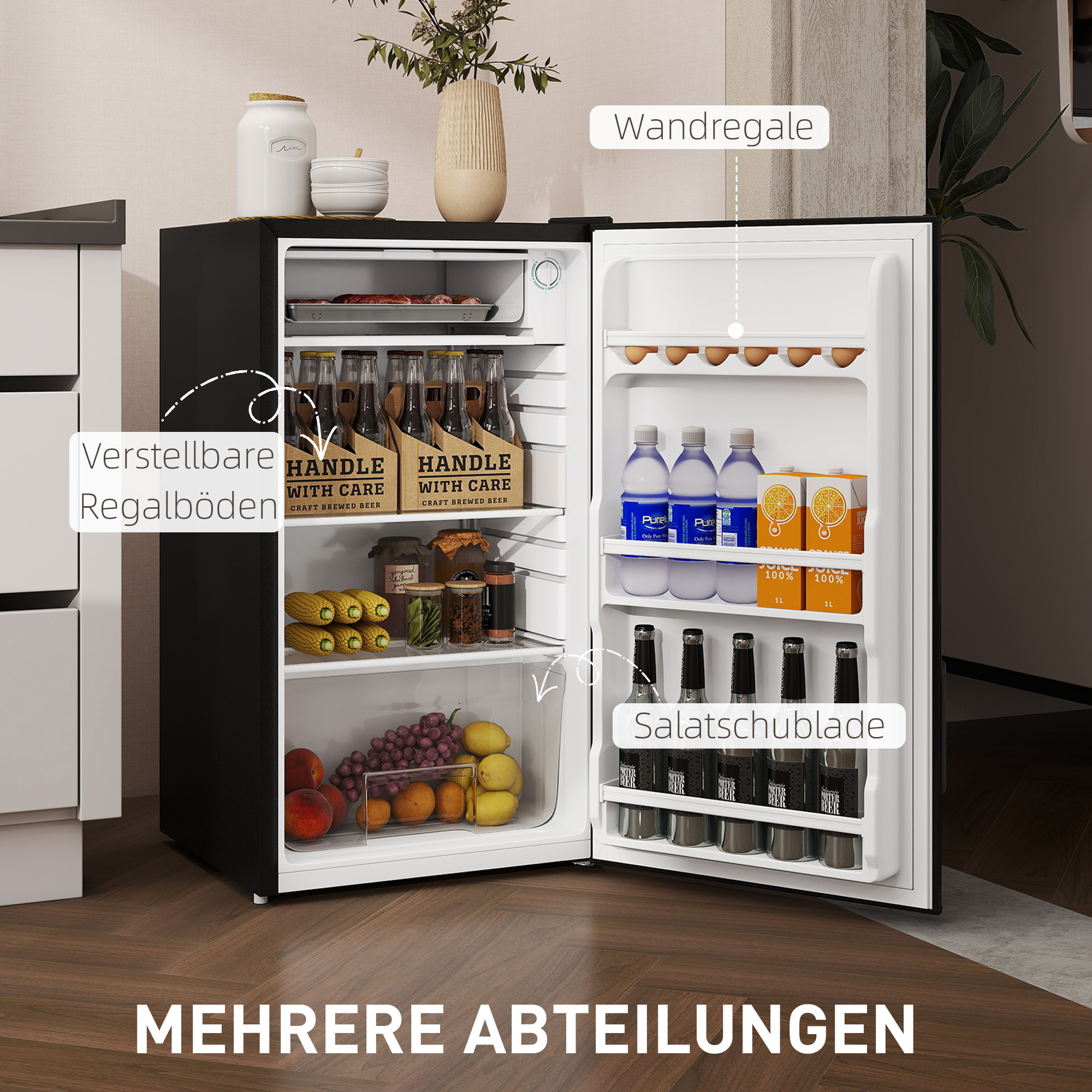 Mini-Kühlschrank, 91 Liter Kapazität, Gefrierfach, verstellbare Fächer, leiser Betrieb, kompakte Größe, Stahl, Schwarz