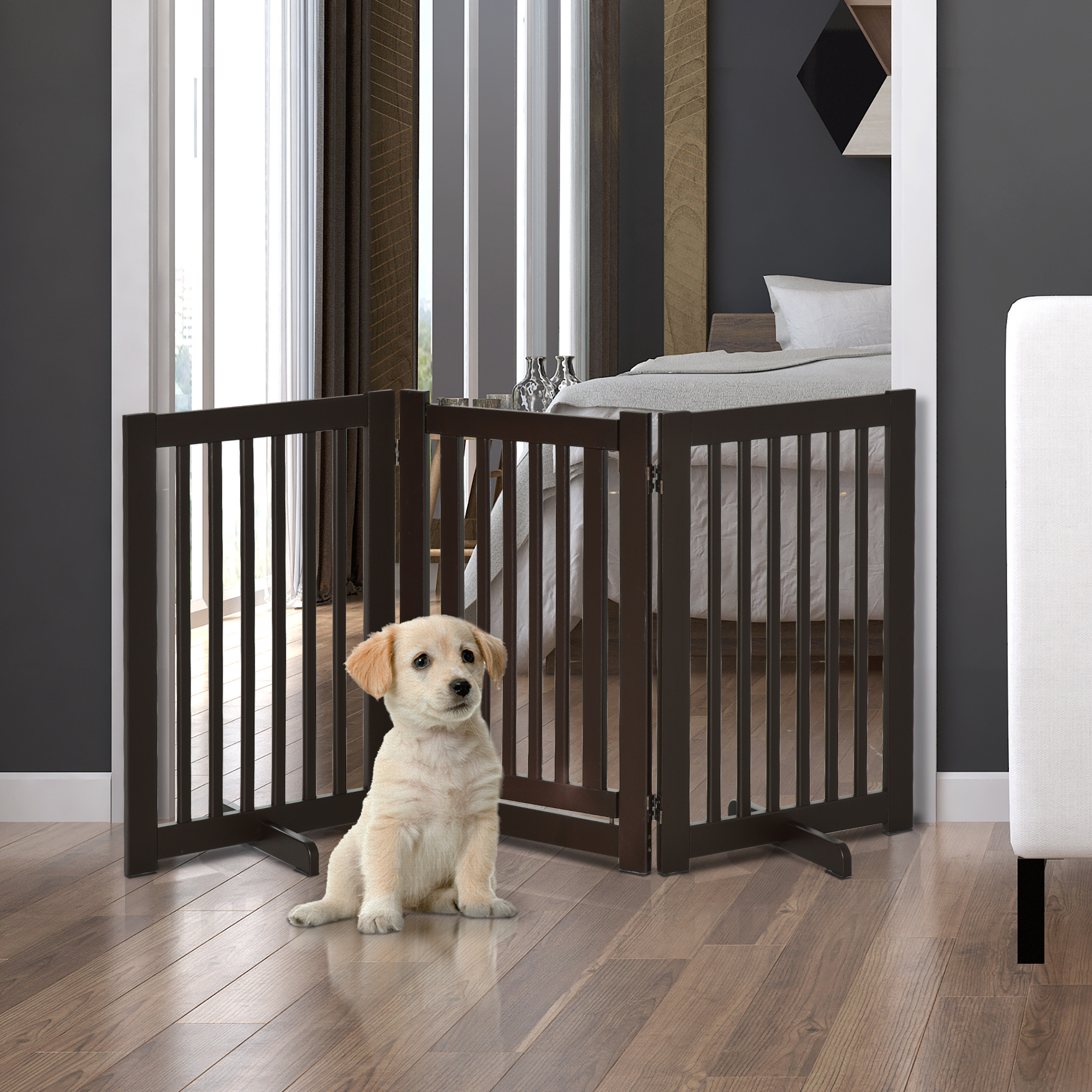 Absperrgitter Hund Freistehendes Verstellbares Schutzgitter mit Füßen 155 x 76 cm Holz Hundegitter Klappbar Treppenschutzgitter für Treppen, Türen, Küche, Flur, 3 Paneelen, Dunkelbraun