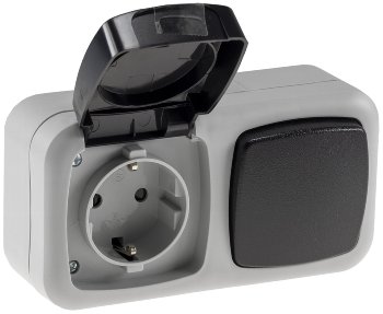 Feuchtraum Kombi-Schalter/Steckdose,IP44 / 250V~/ 10/16A, grau, AP horizontal