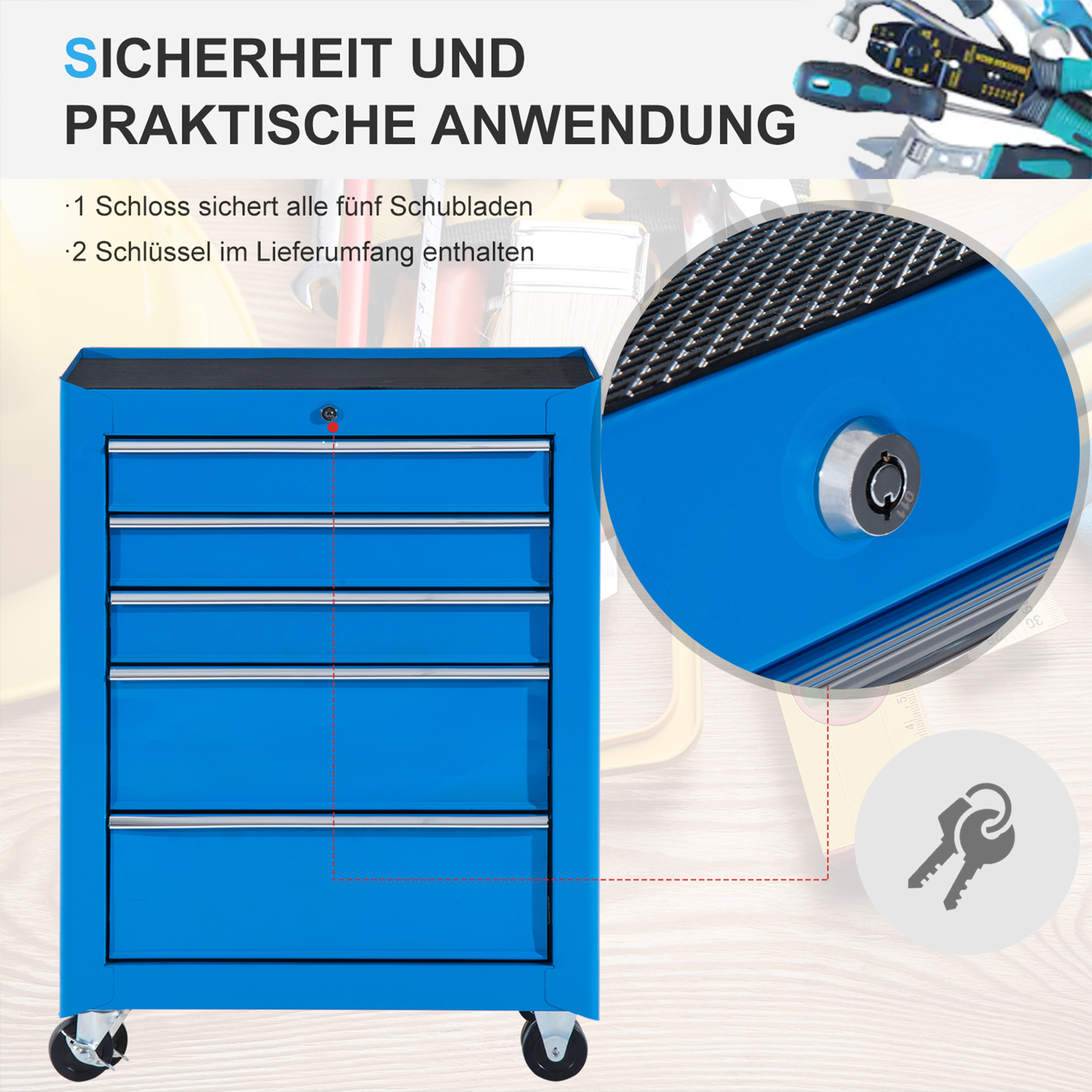Werkzeugschrank, Werkzeugkiste, 5 Schubladen, rollbar, Stahl, Blau