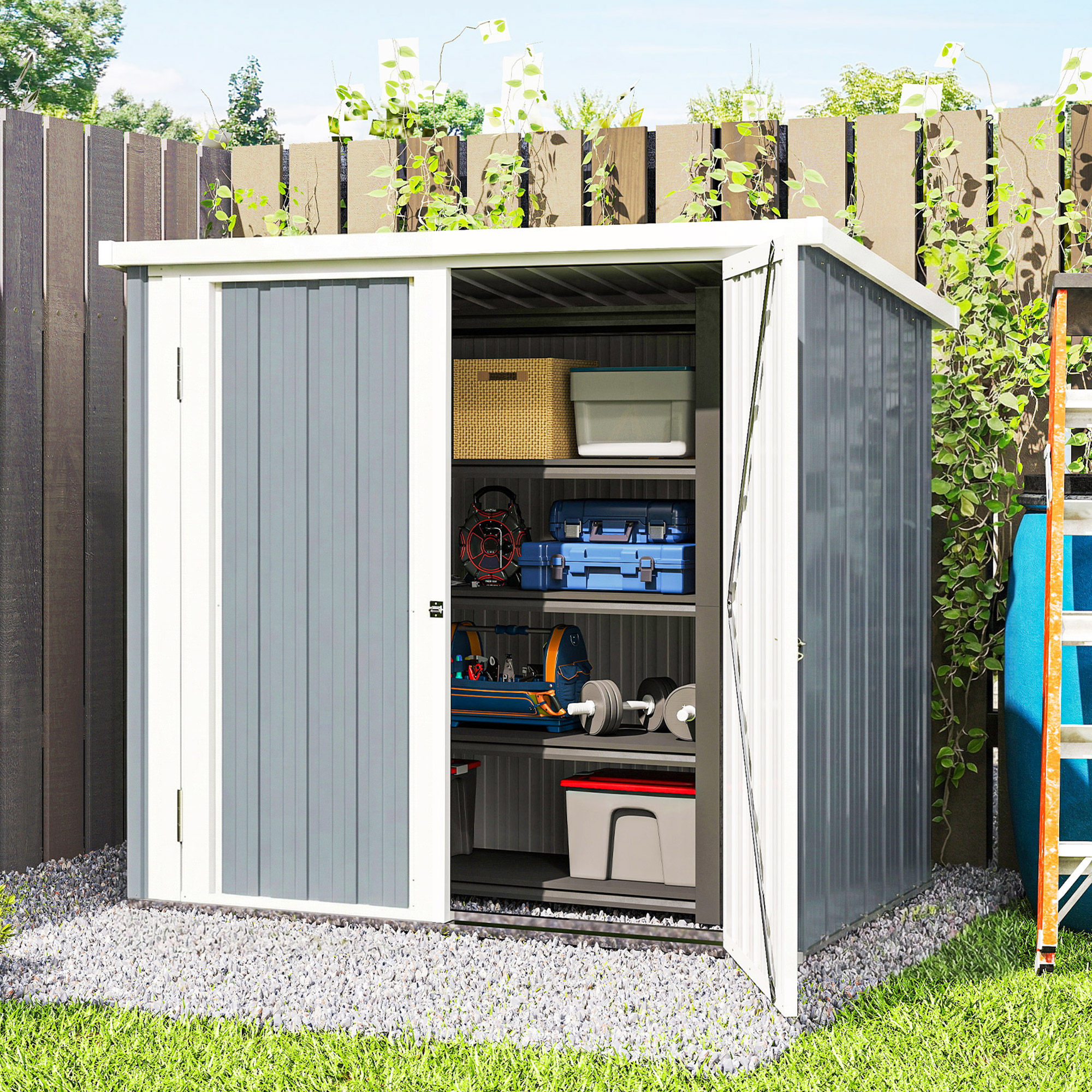 Metall Gerätehaus 1,1 m², Geräteschuppen mit Pultdach Abschließbarer Doppeltüren, 147 x 86 x 134 cm